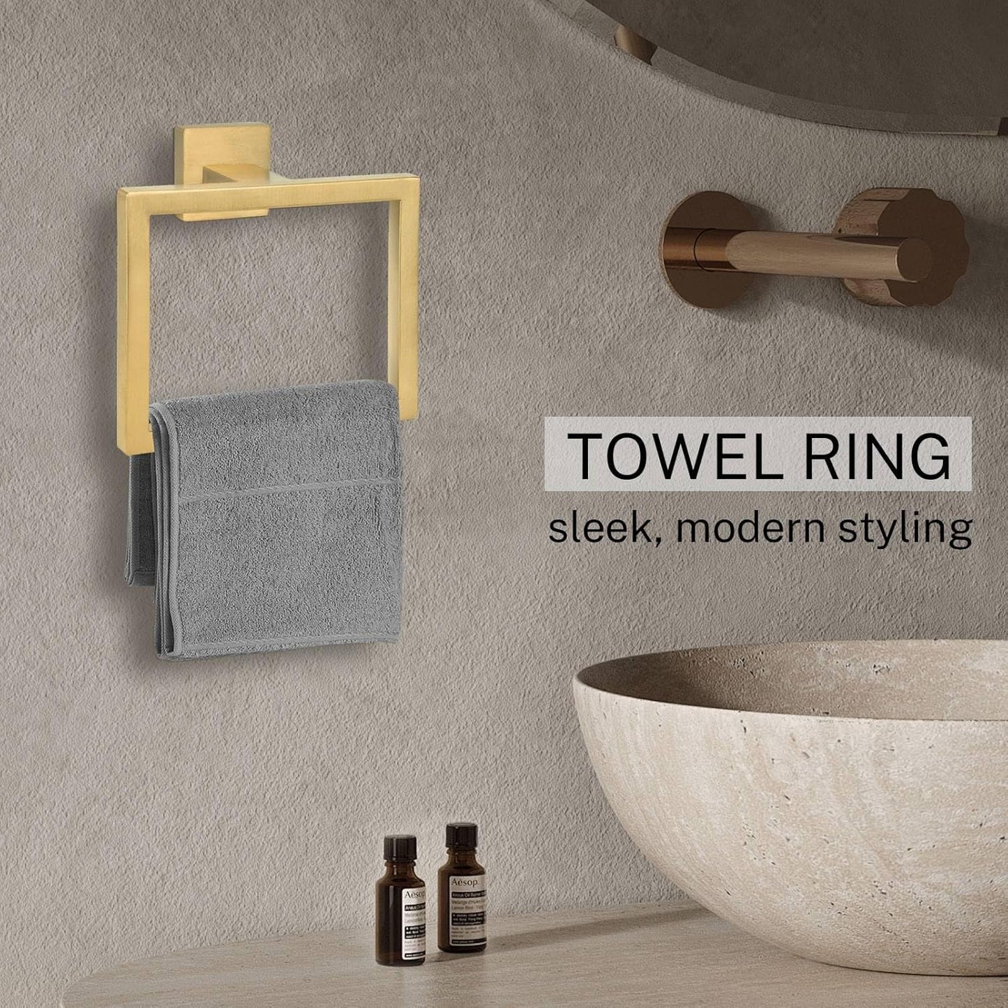 2-Piece Brushed Gold Square Towel Ring,Hand Towel Holder,SUS304 Stainless Steel Modern Towel Holder Wall-Mounted Bathroom Towel Ring