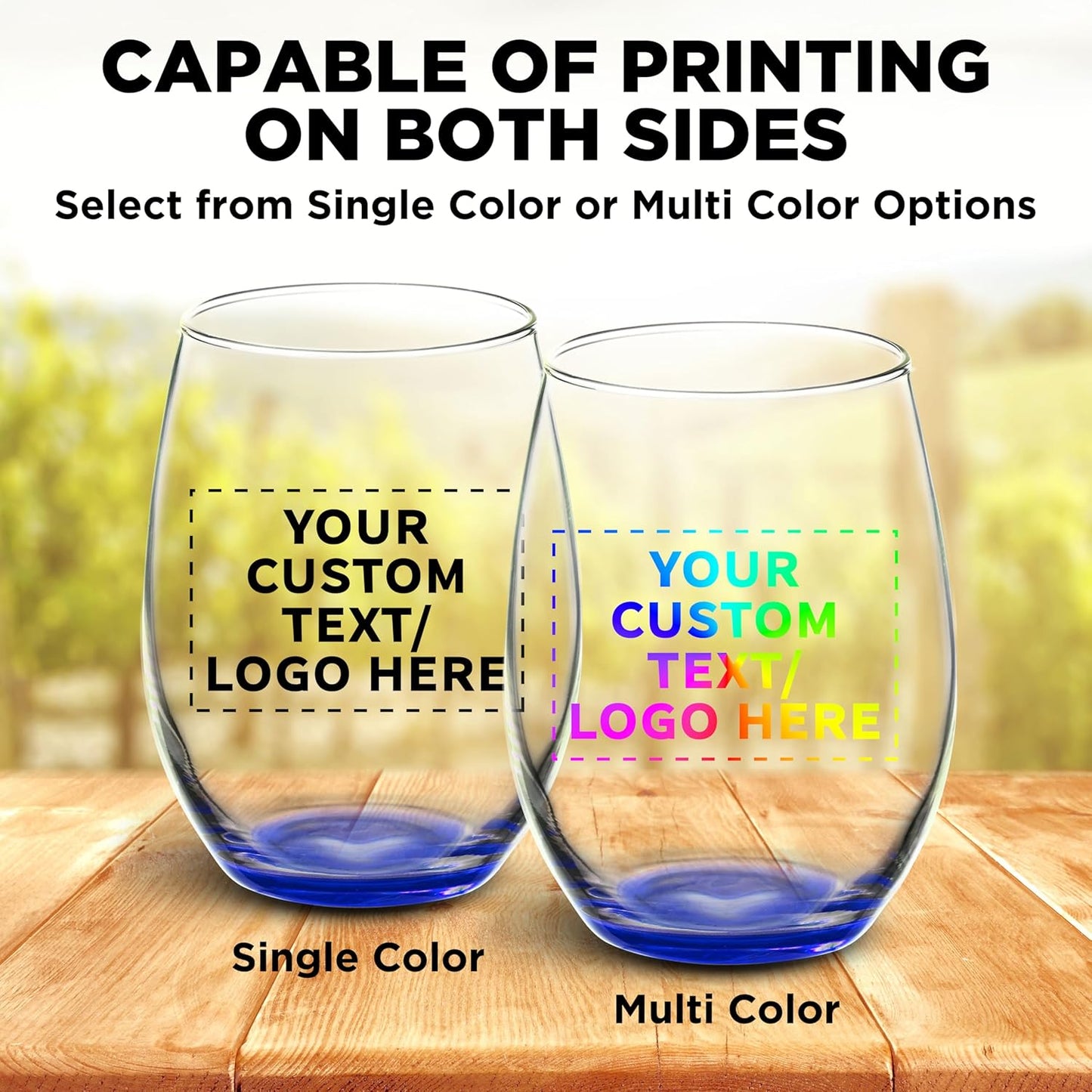 DISCOUNT PROMOS 10 ARC Stemless Wine Glasses Set, 21 oz. - Customizable Text, Logo - Chardonnay, Cabernet, Merlot, Sauvignon - Blue