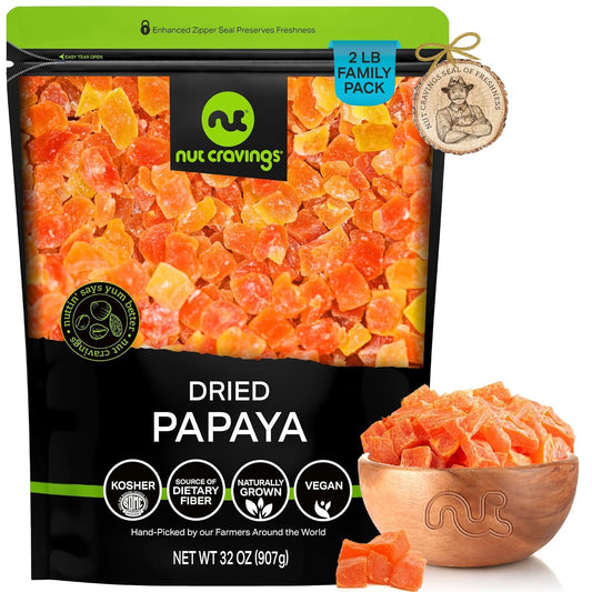 NUT CRAVINGS - Sun Dried Papaya Chunks, Lightly Sweetened (32oz, 2 LB) Bulk Dry Fruits Packed Fresh in Resealable Bag - Sweet Healthy Snack, Naturally Grown, Vegan, Kosher