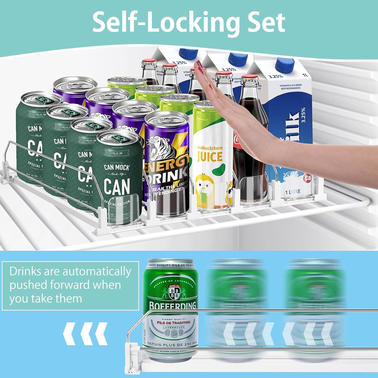 Drink Organizer for Fridge, 5 Row Automatic Pusher Glide, Adjustable Width Soda Can Dispenser for Refrigerator-Holds up to 25 Cans