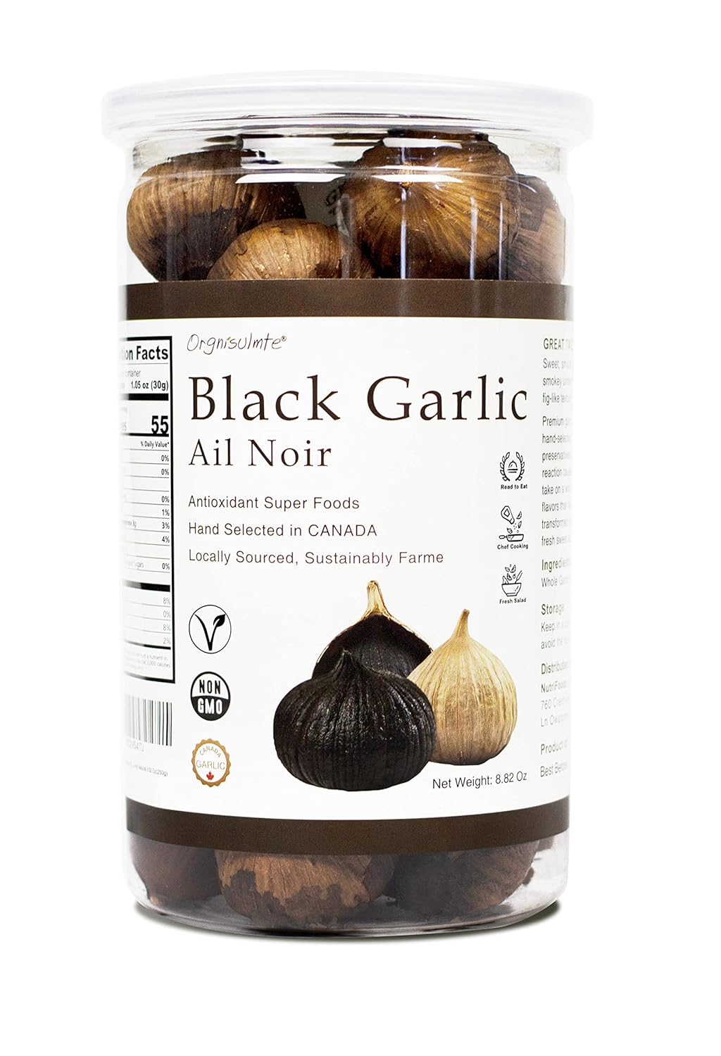 Orgnisulmte Black Garlic Made in Canada Whole Black Garlic Bulbs Fermented for 90 Days,Black Garlic Cloves All Natural 8.82 Oz
