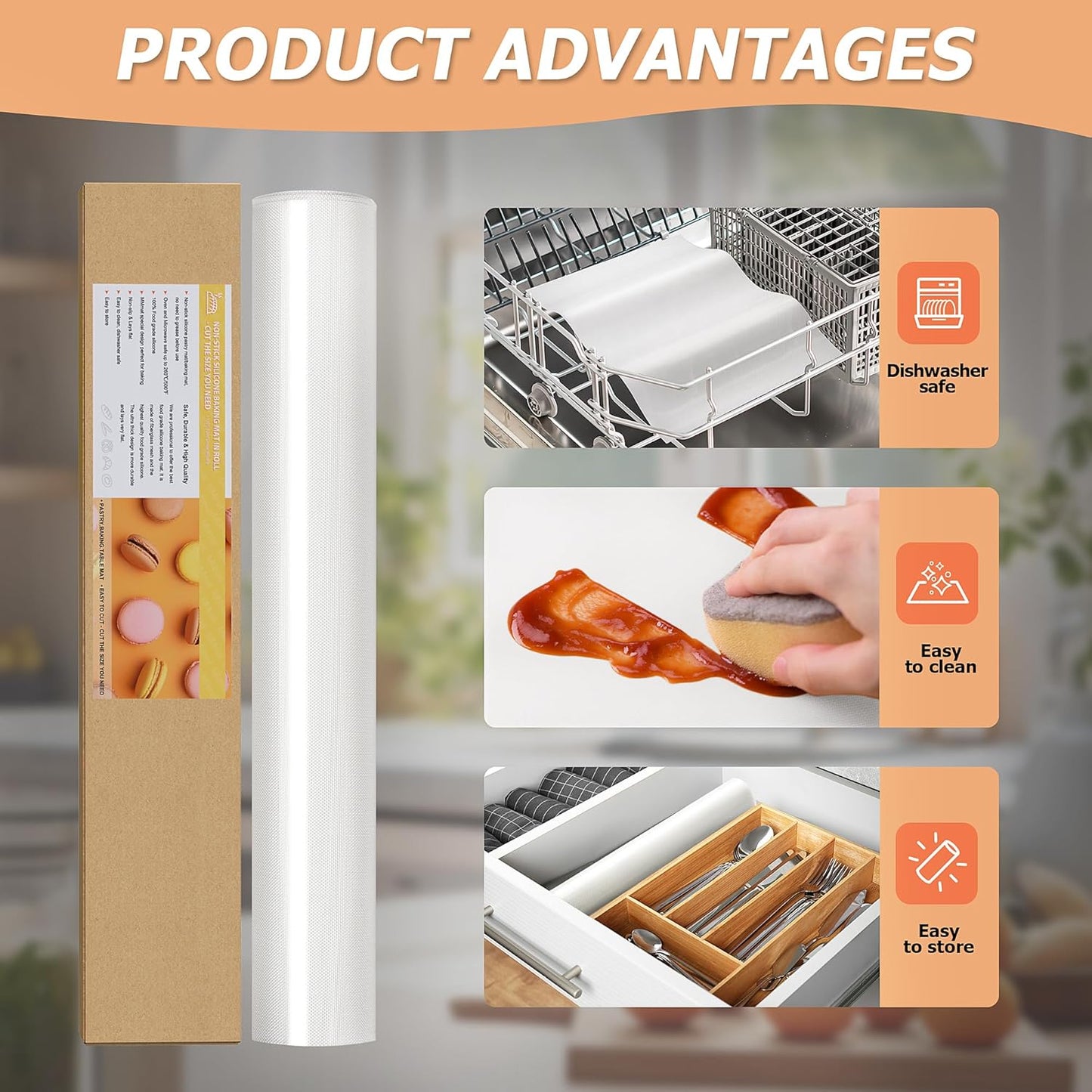 Silicone Baking Mat Roll, Non-Stick Heat Resistant Food Grade Baking Mats, Non-Slip Reusable Air Fryer Linner, Freeze Dryer Mat, Counter Mat, Oven Liner, Refrigerator Liners - 12IN x 8FT