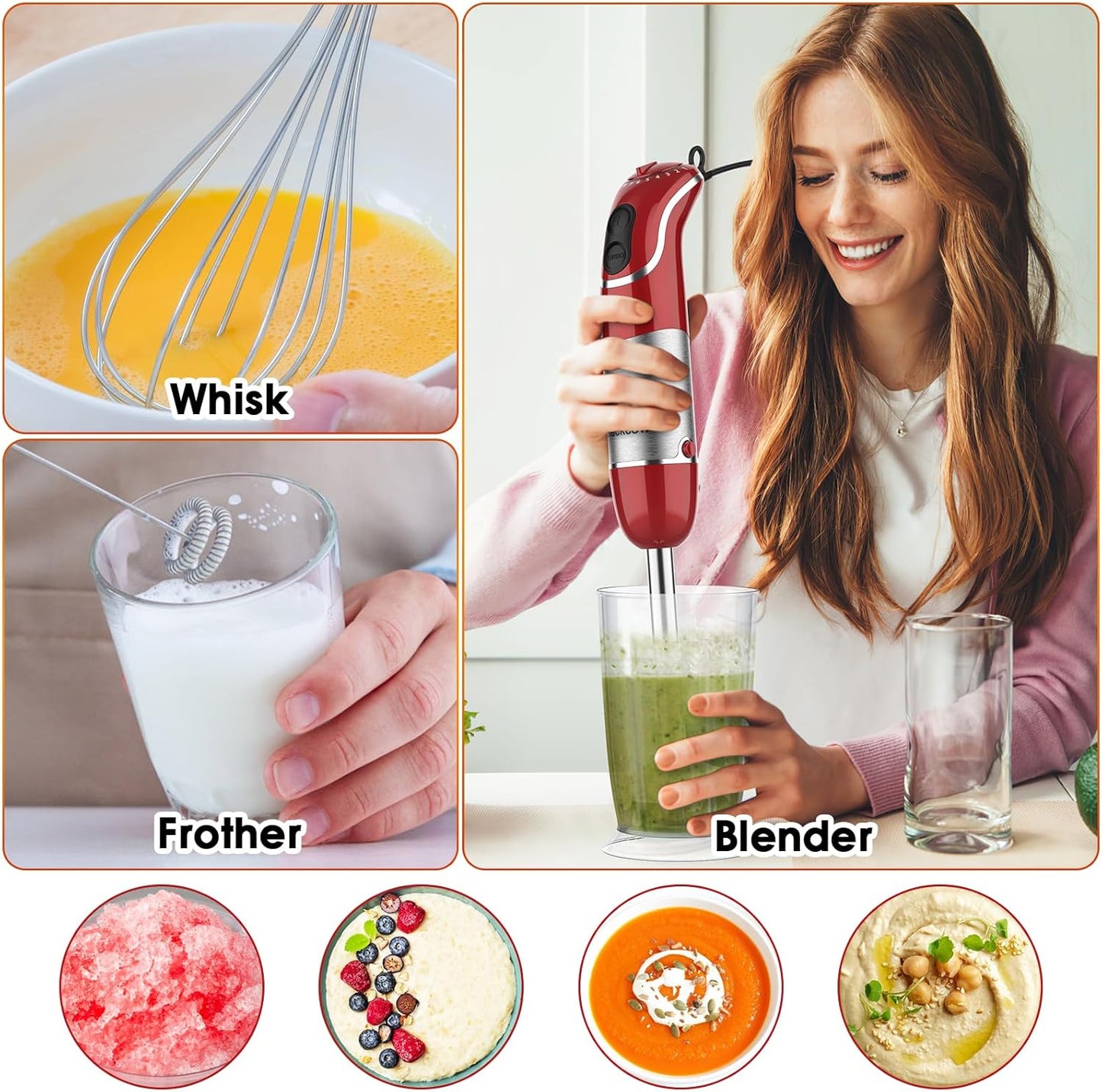 Multi-Use 5 in 1 Immersion Blender 3.0, BPA-Free, 800W 12 Speed Hand Blenders for Kitchen, Copper Motor Stainless Steel Blade Emulsion Blender Handheld with Chopper, Whisk and Frother, Red