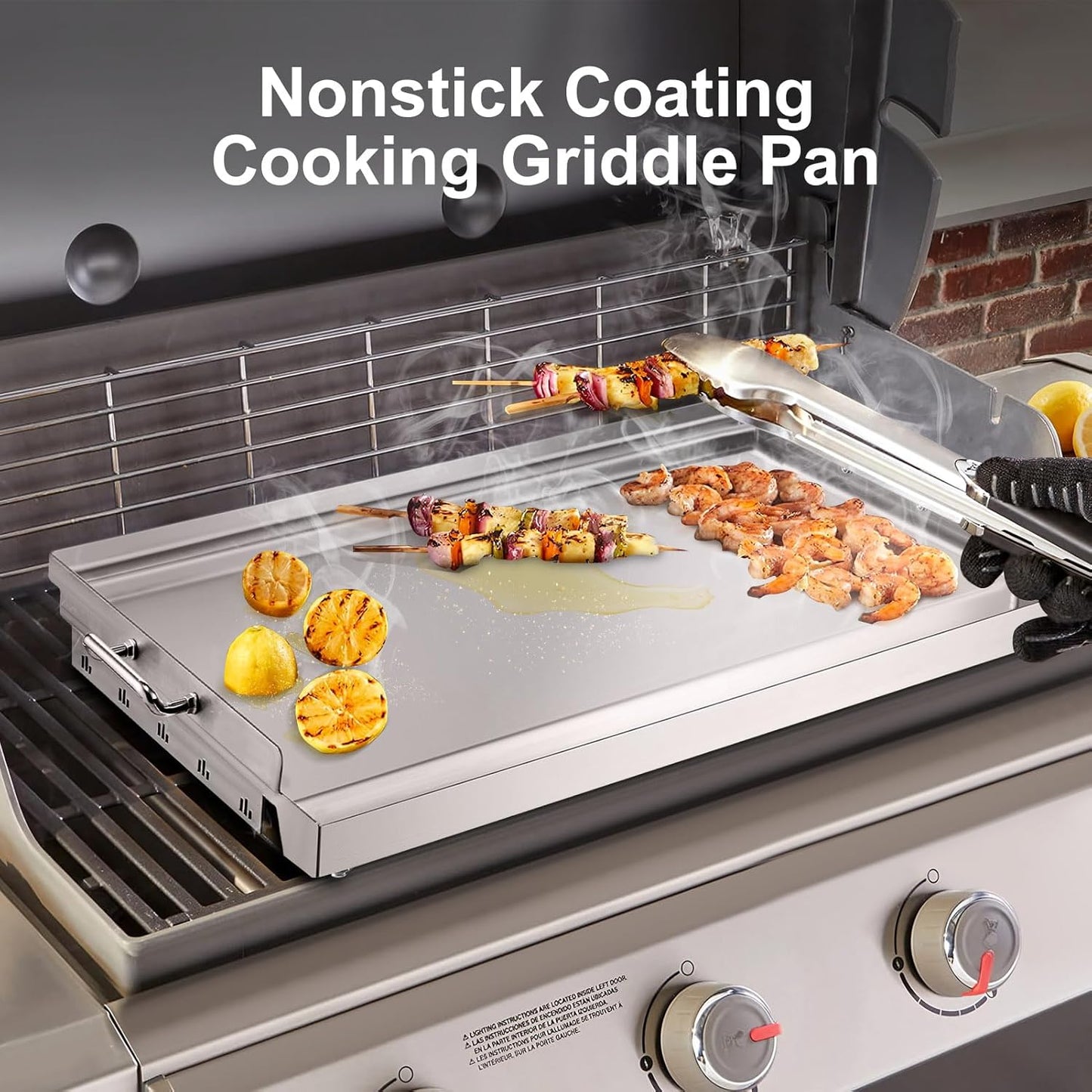 YORKING 23" x 16" Nonstick Coating Griddle Flat Top Grill Plate, Stainless Steel Griddle Plate with Grease Groove and Removable Handles for BBQ Charcoal/Gas Grills, Parties, Indoor/Outdoor Cooking