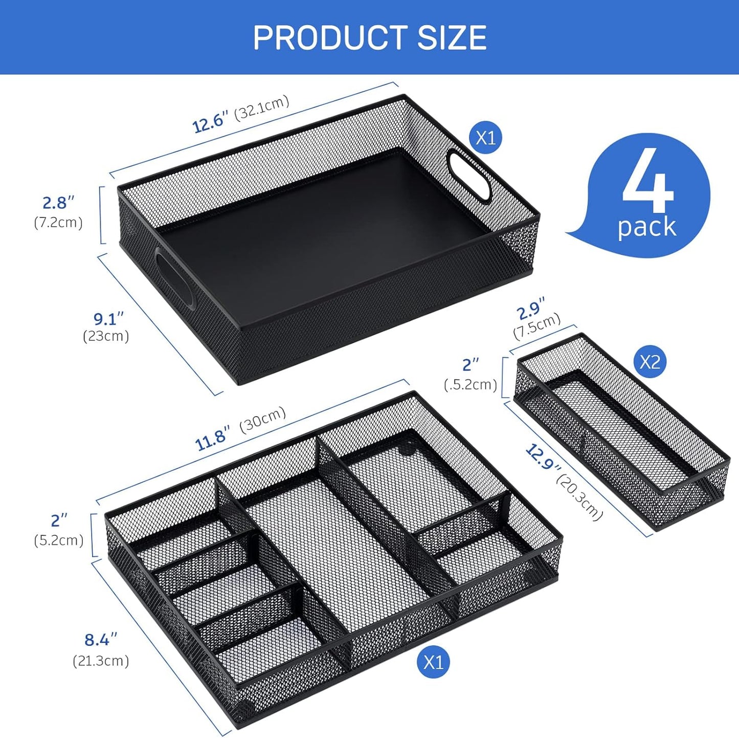 Neudeco Desk Drawer Organizer with 6 Adjustable Dividers, Metal Pen organizer for desk drawer,Mesh Office Desk Drawer Organizer Tray for office supplies (Pack 4, Black)