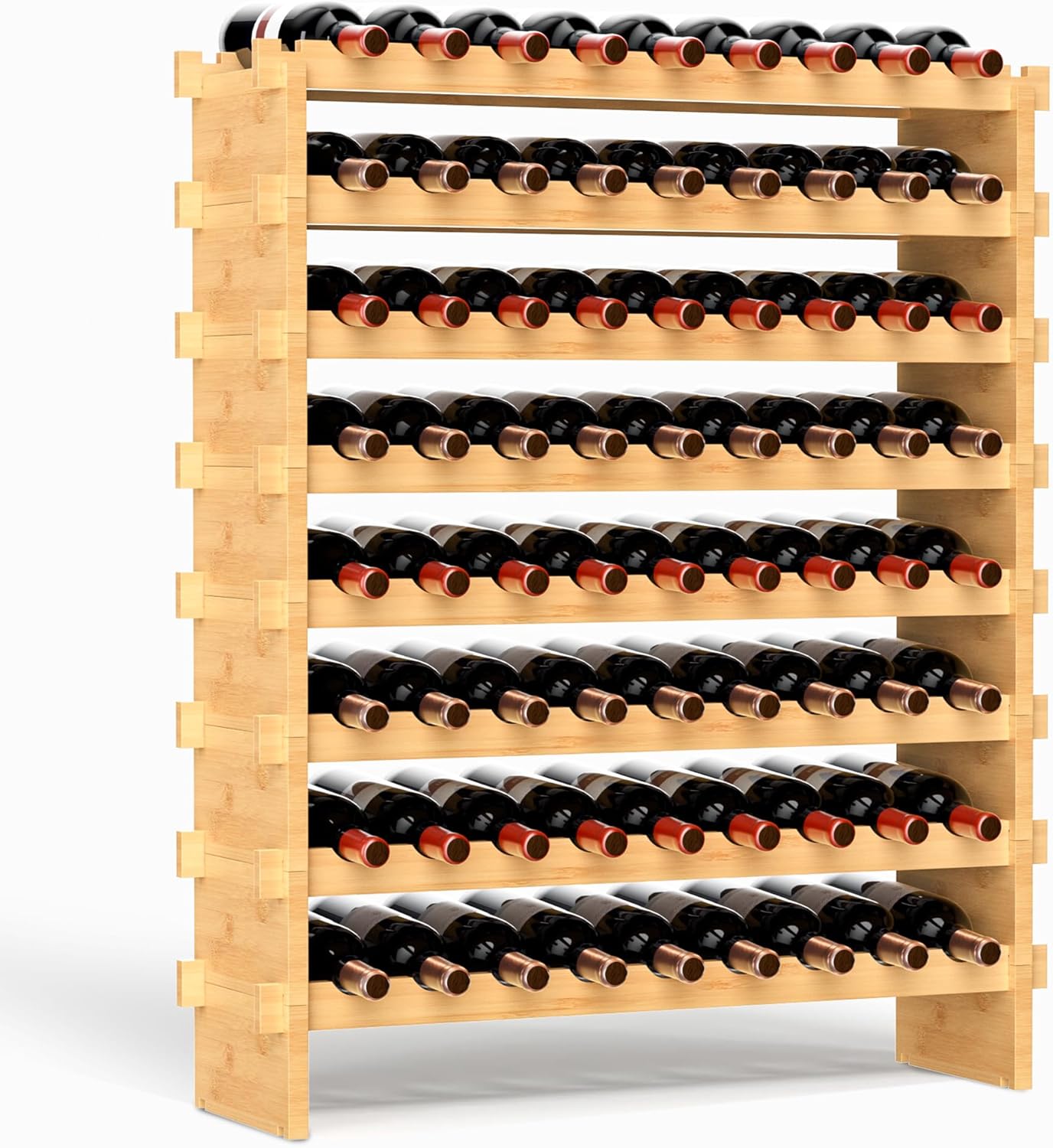 VASMIA Bamboo Stackable Wine Rack,72 Bottles Wine Rack Freestanding Floor,No Tools Assembly,8-Tier Display Wine Storage Shelf for Kitchen, Bar, Dining Room,Cellar,Natural