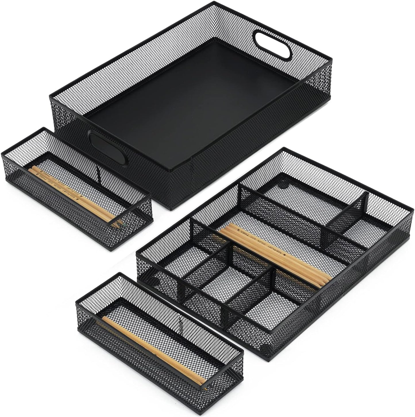 Neudeco Desk Drawer Organizer with 6 Adjustable Dividers, Metal Pen organizer for desk drawer,Mesh Office Desk Drawer Organizer Tray for office supplies (Pack 4, Black)