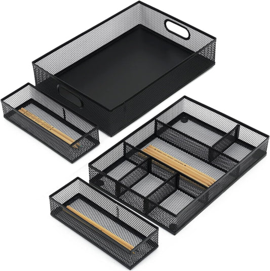 Neudeco Desk Drawer Organizer with 6 Adjustable Dividers, Metal Pen organizer for desk drawer,Mesh Office Desk Drawer Organizer Tray for office supplies (Pack 4, Black)