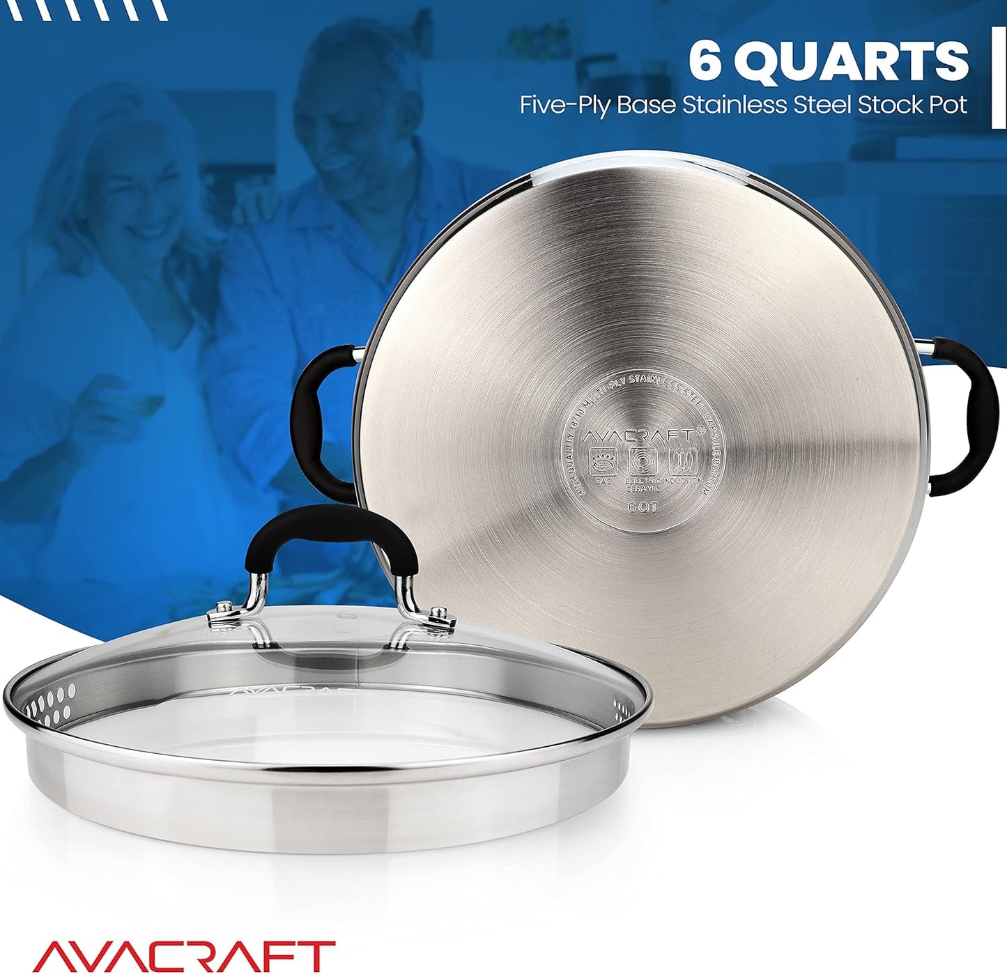 AVACRAFT Stainless Steel Stockpot with Glass Strainer Lid, 6 Quart Stock Pot, Saucepan cookware, Side Spouts, Multipurpose, Sauce, Soup, Induction Pan, (5-Ply Capsule Bottom, 6QT)