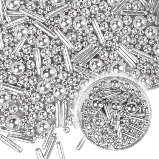 Dazzjoy Silver Pearl Rods Sprinkles, 130g/4.58oz, Mix Size, Pearl Sprinkles for Cupcake Decorating, Cupcake Toppers, Cake Decorations, Ice Cream, Wedding Party Valentines Easter Supplies