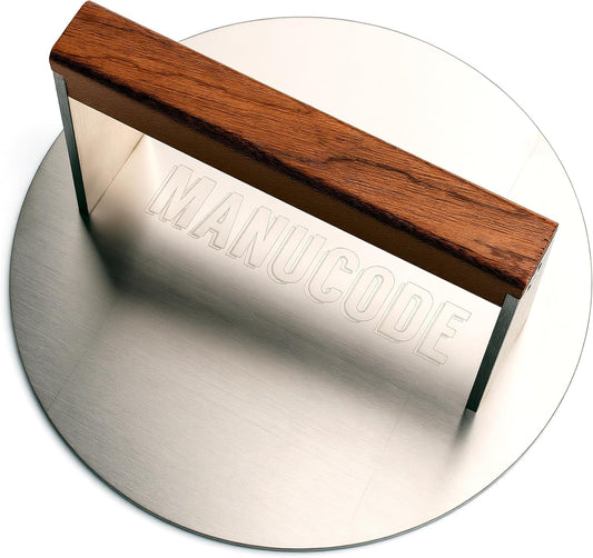 Smash Burger Press 8 Inch, 3.1 Lb Burger Smasher, Heatable for Searing Panini, Steak, Chicken, Salmon, Stainless Steel Bacon Press, Flat Bottom, Seasoning Free, Wooden Handle No Spin