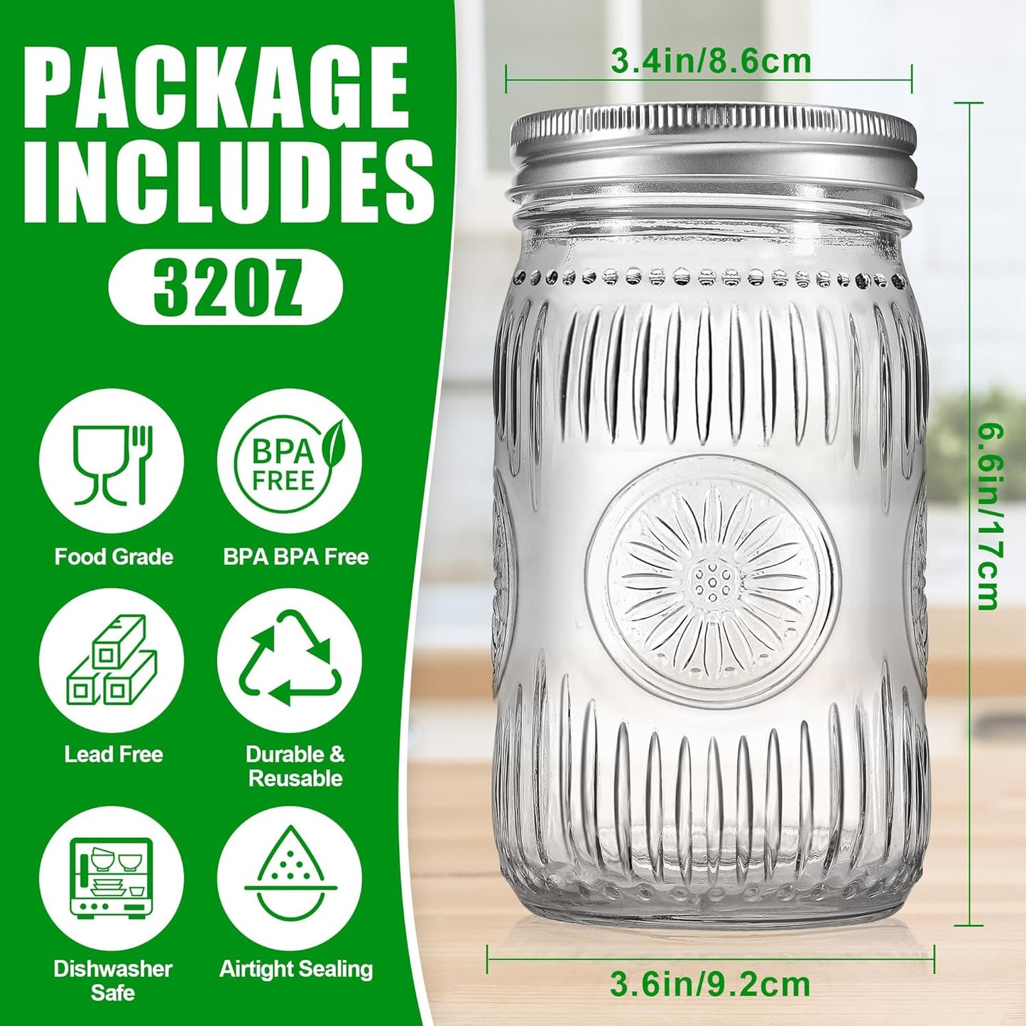 6 Pack 32 oz Wide Mouth Mason Jars with Airtight Lids - Glass Canning Jars for Food Preservation, Storage, Pickling, Crafts & DIY Projects, Durable Quart Glass Jars Dishwasher Safe