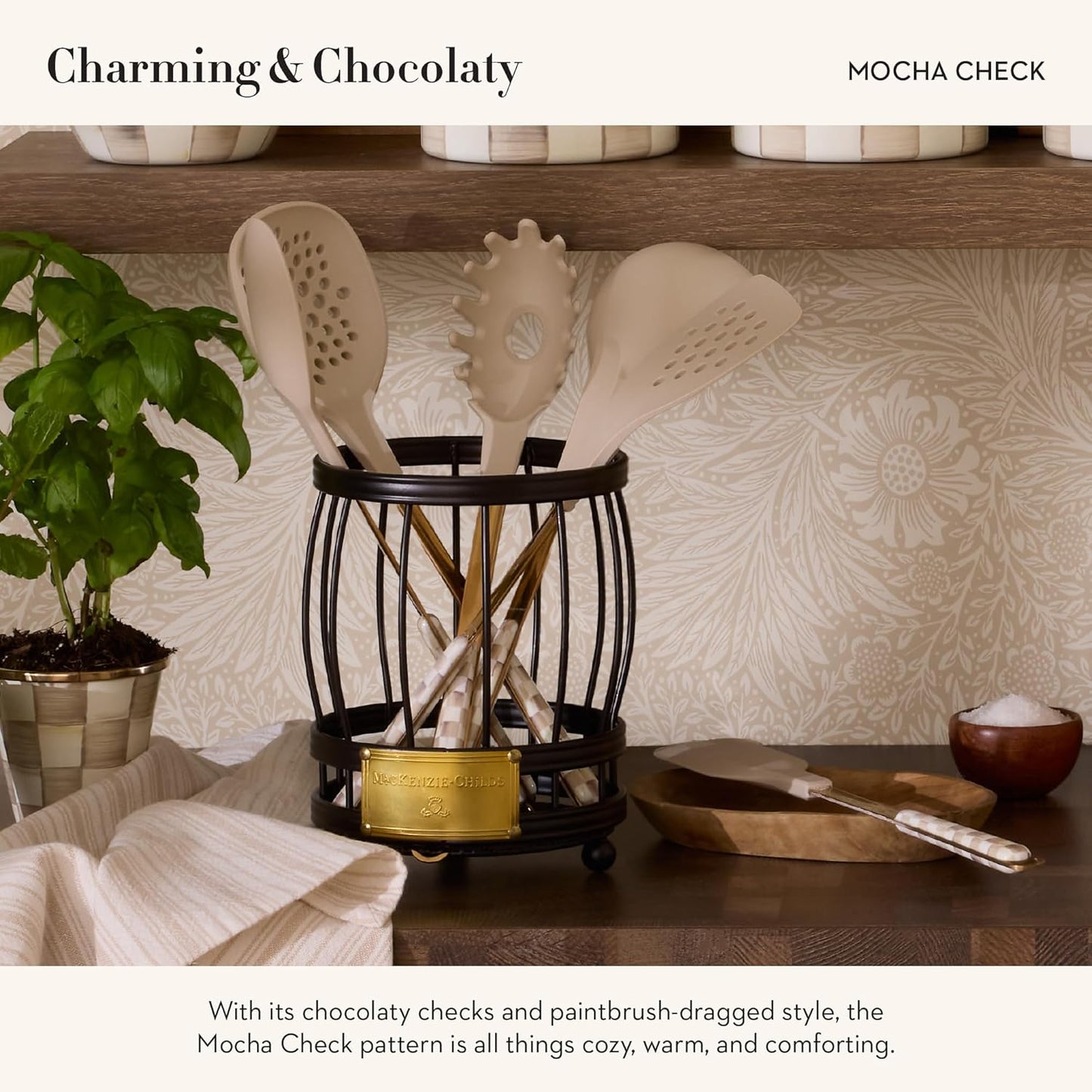 MACKENZIE-CHILDS Kitchen Pasta Spoon, Silicone Spaghetti Spoon, Brown-and-White Mocha Check