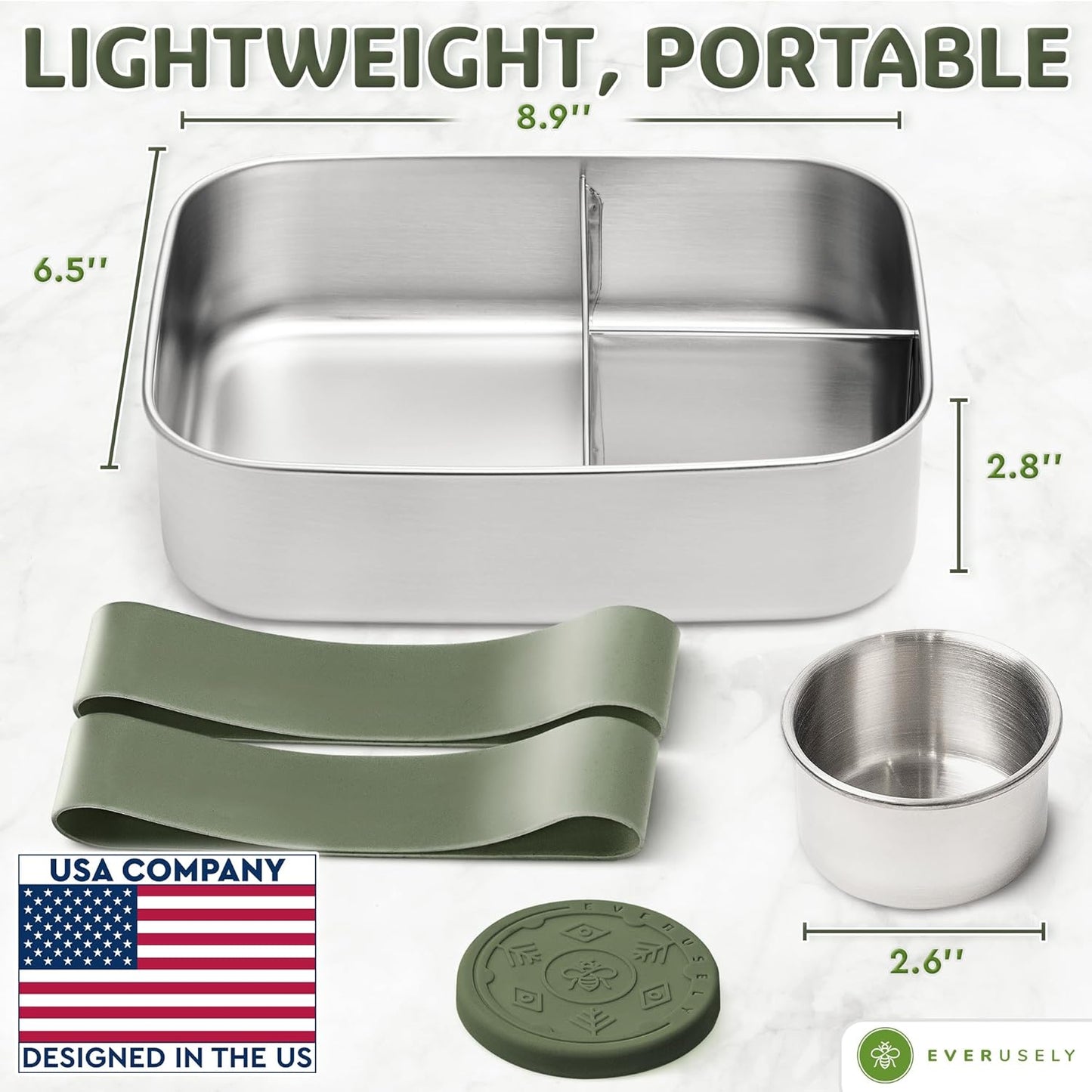 Everusely - Bento Box - Sage, 60oz / 1.8 L - Stainless Steel Lunch Box with Leakproof Condiment Container - 3 Compartment Snack Organizer for On the Go Meals - Freezer & Dishwasher Safe