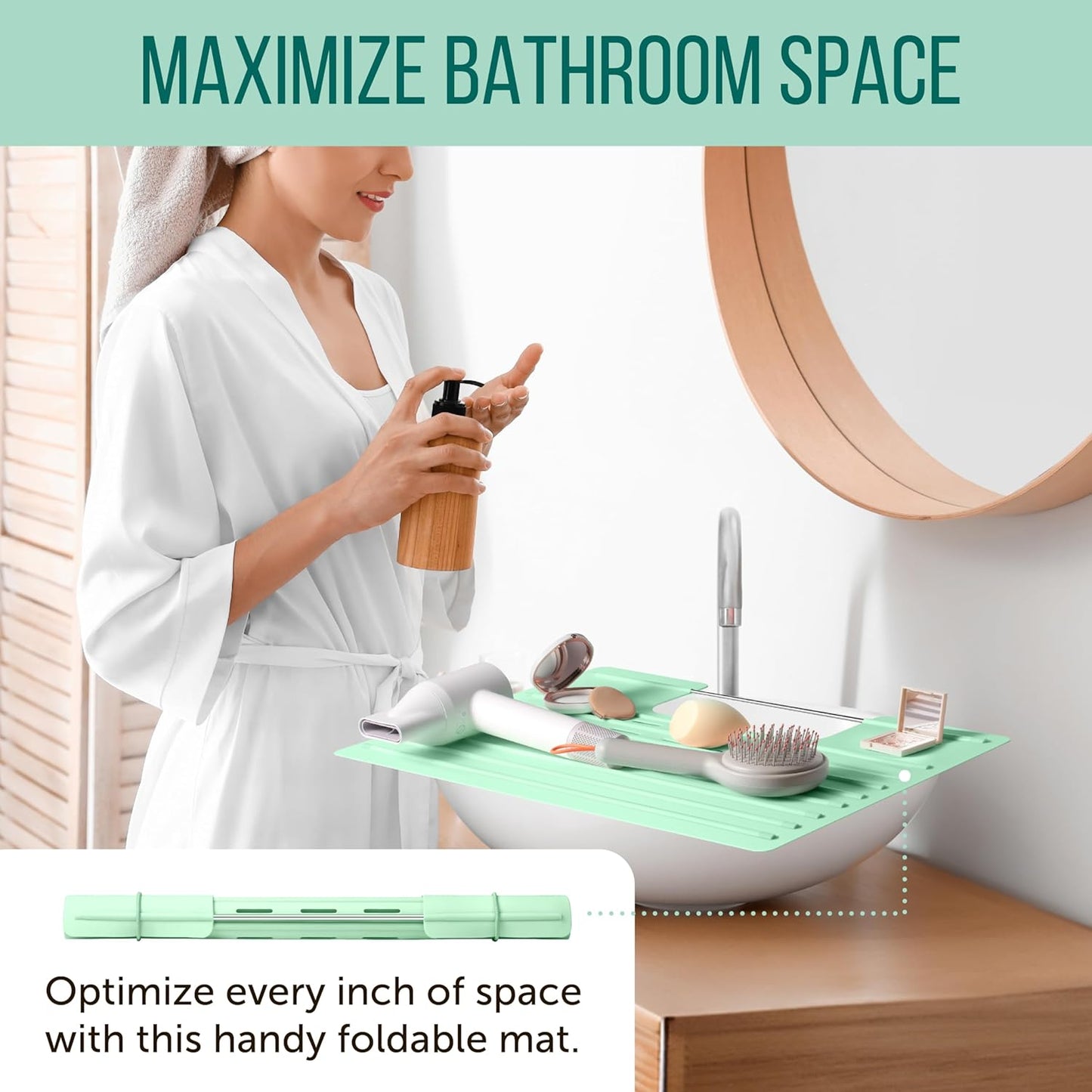 Maplefield Silicone Over-the-Sink Makeup Mat - Mint 22 x 2 x 2 In - Heat-Resistant up to 400°F - Foldable Sink Cover for Counter Space - Travel-Friendly Vanity Topper