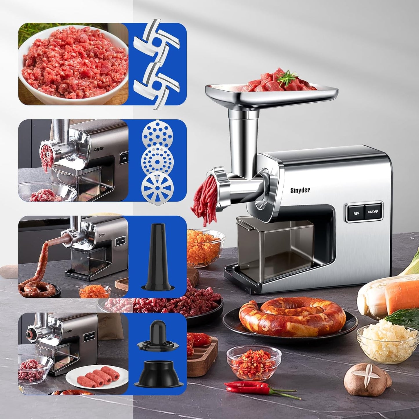 Electric Meat Grinder,3000 Max Stainless Steel Meat Mincer with 2 Blades,3 Grinding Plates,Food Pusher,Meat Claw,Sausage Stuffer Tubes & Kubbe Kit for Home & Kitchen Using