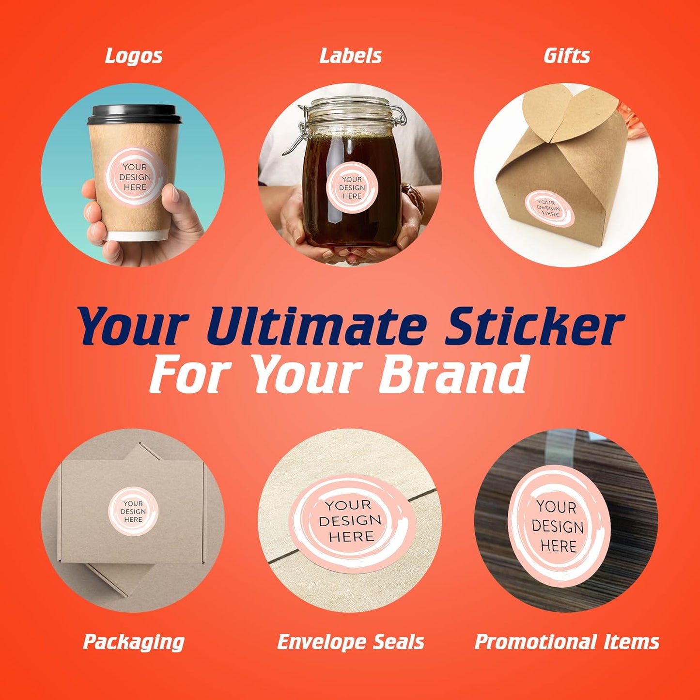 100 Custom Vinyl Stickers - Upload Your own Image, Text, Design, Logo - Personalized Logo Labels for Handmade, Packaging, Bottle, Jars, Candle, Brand Stickers (Peach, 2x2)