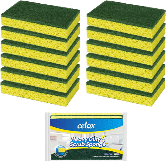 CELOX 12 Pack Dish Sponge for Kitchen, Dual Sided Scrub Heavy Duty, Non Scratch Sponges Perfect for Dishwashing and Household Cleaning, Highly Absorbent and Easy to Dry for Reuse