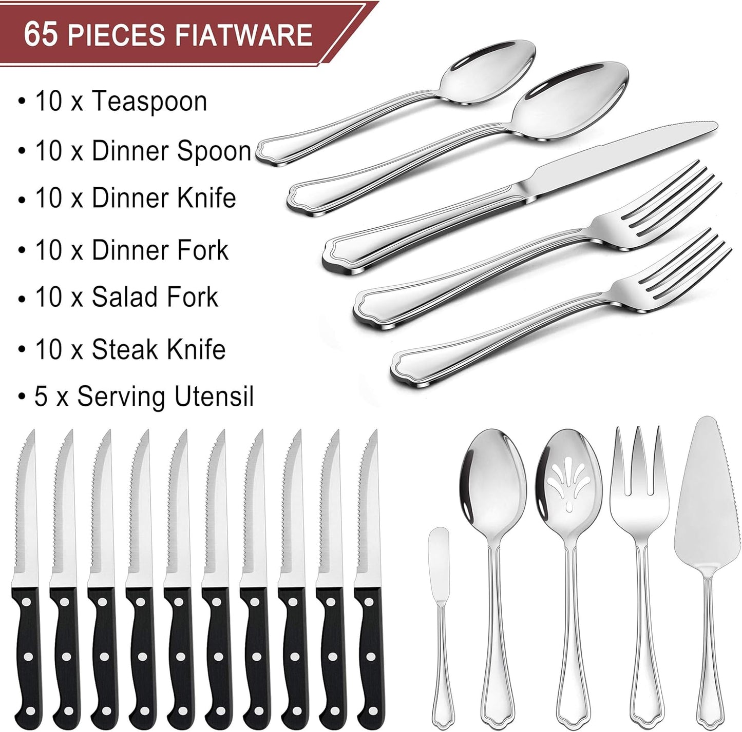 LIANYU 65-Piece Silverware Flatware Set for 10, Plus Steak Knives and Serving Utensils, Stainless Steel Flatware Cutlery Set, Eating Utensils Tableware with Scalloped Edge, Dishwasher Safe
