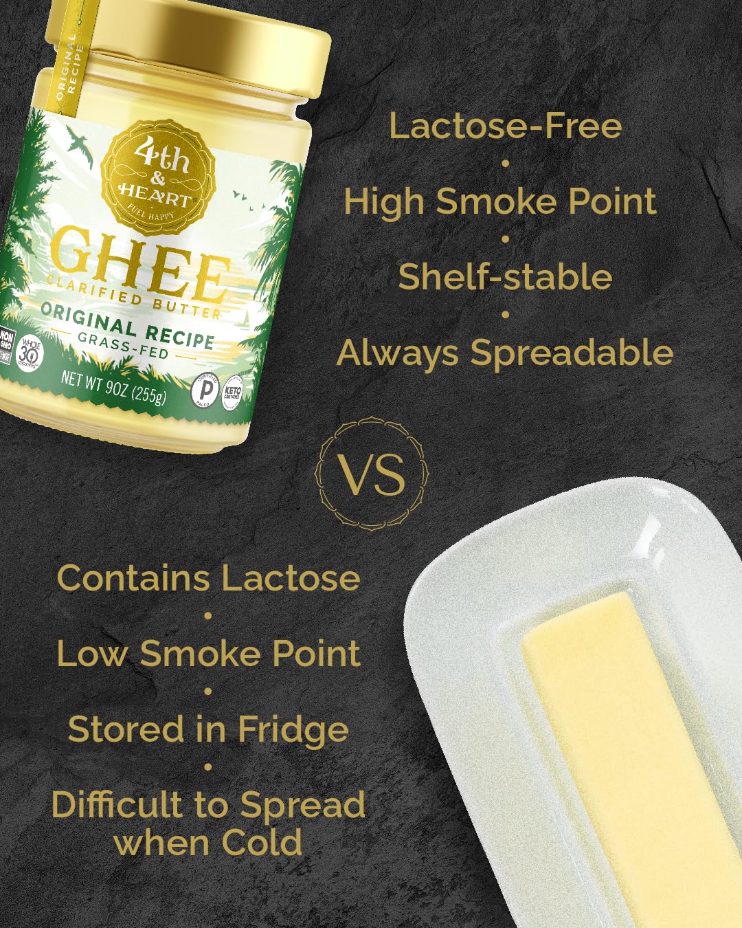 4th & Heart Original Grass-Fed Ghee, Clarified Butter, Keto, Pasture Raised, Lactose and Casein Free, Certified Paleo (9 Ounces)