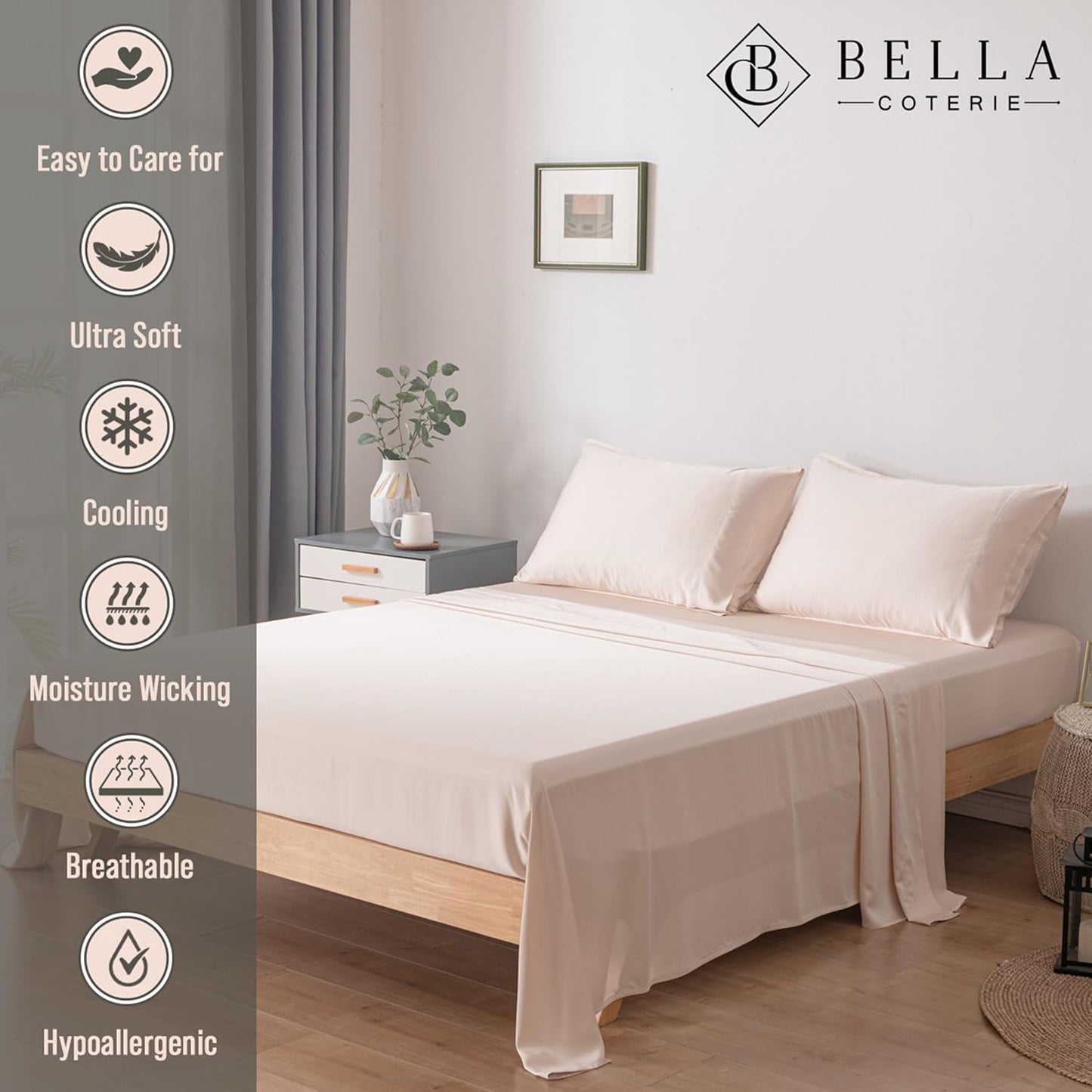 Bella Coterie Luxury Bamboo Viscose Twin XL Size Sheet Set | 100% Organically Grown | Ultra Soft | Cooling for Hot Sleepers | 18" Deep Pocket [Champagne]