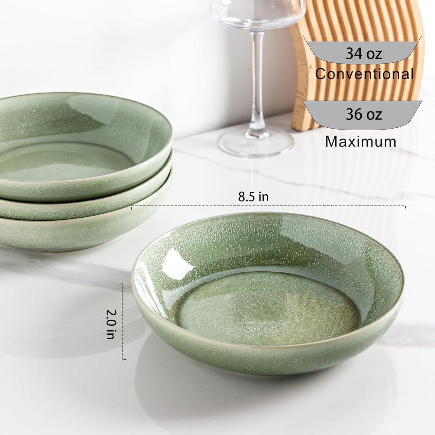 AmorArc 8.5'' Large Ceramic Pasta Bowls Set, 36oz Stoneware Bowls Set of 6 for Kitchen, Reavtive Glaze Bowls-Microwave,Dishwasher Safe for Pasta,Salad,Oatmeal-Olive Green