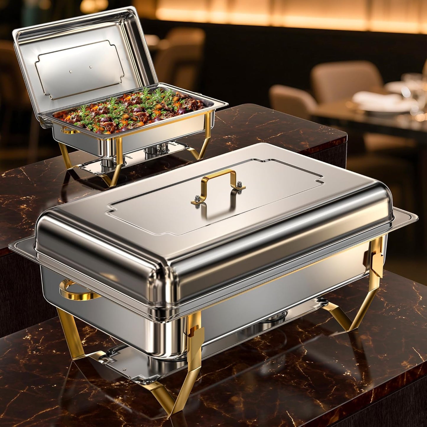 Gold Chafing Dishes for Buffet (9QT, 2 Pack) - Easy Assembly, Food-Grade Stainless Steel Chafers for Catering w/Rolled Edge Design, Foldable Frame, for Party, Banquet (Full Size Food Pan)