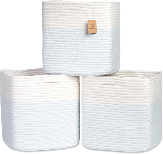 NaturalCozy 13 Inch Cube Storage Bins Cotton Rope Woven Baskets for Organizing 3-Pack | 13 x 13 Storage Cubes | Fabric Square Storage Baskets for Shelves Organizer, Kids Toy Bins, Closet Baby Nursery