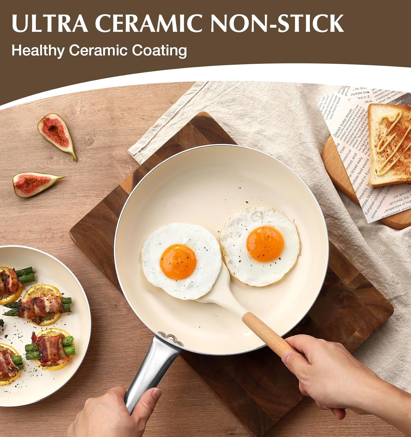 KOCH SYSTEME CS Nonstick Frying Pan with Lid, 10 Inch Non-Stick Skillet with Stay-Cool Stainless Steel Handle, Omelet Pan with Nonstick Ceramic Coating, PFOA Free, Induction & Oven Safe, Cream White