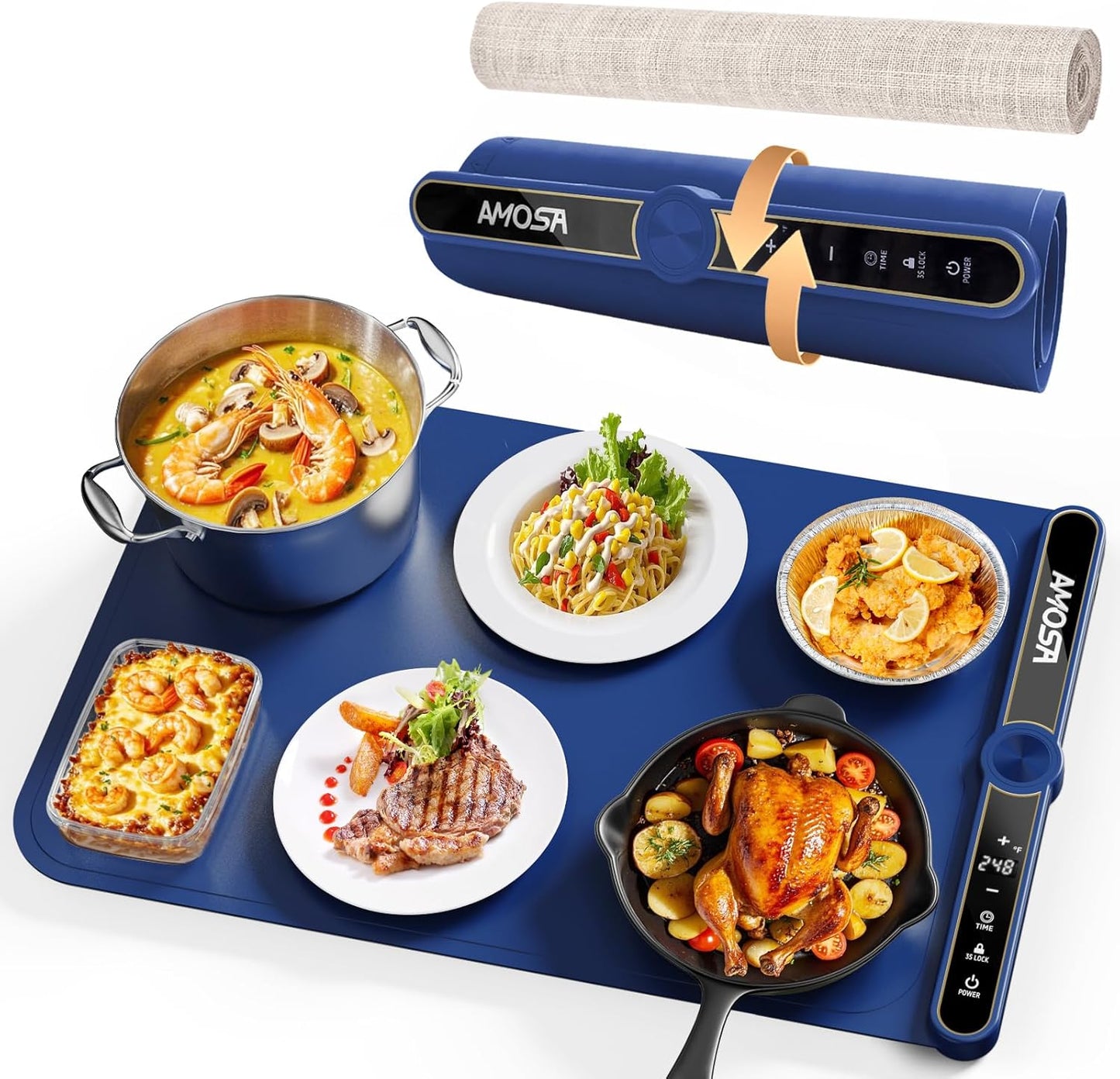 Warming Mat for Food, Fast Heating Electric Food Warmers with 9 Level Temperature and 6 Hours Timer, Large Roll Up Silicone Food Heating Mat, Portable Warming Trays for Buffets Party (Blue)