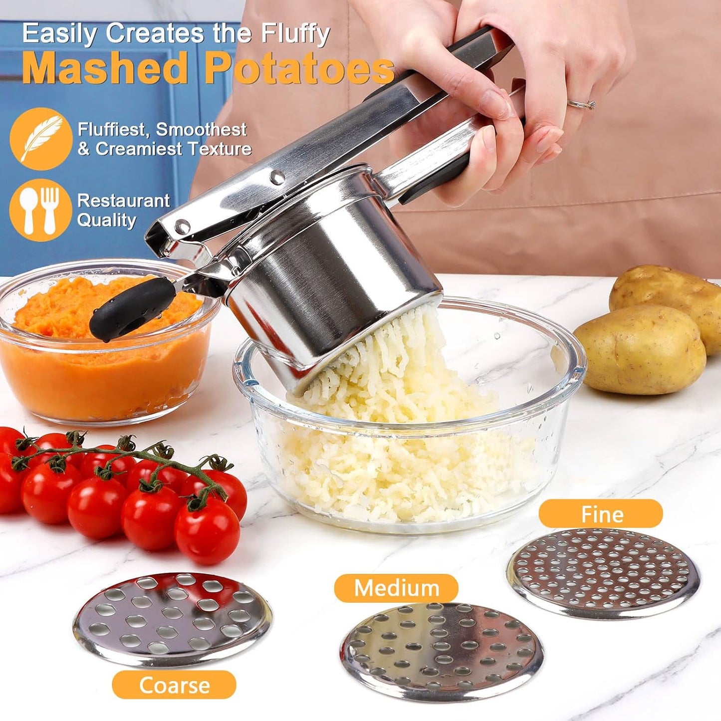 KAYCROWN Potato Ricer With 3 Discs, Heavy Duty Stainless Steel Potato Masher and Ricer for Mashed Potatoes Tool, Lemon Squeezer Spaetzle Maker