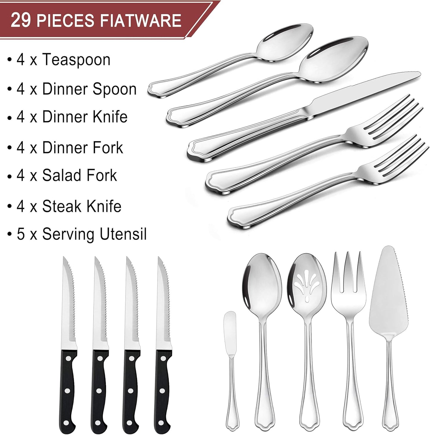 LIANYU 29-Piece Silverware Flatware Set for 4, Plus Steak Knives and Serving Utensils, Stainless Steel Cutlery Set, Eating Utensils Tableware with Scalloped Edge, Dishwasher Safe