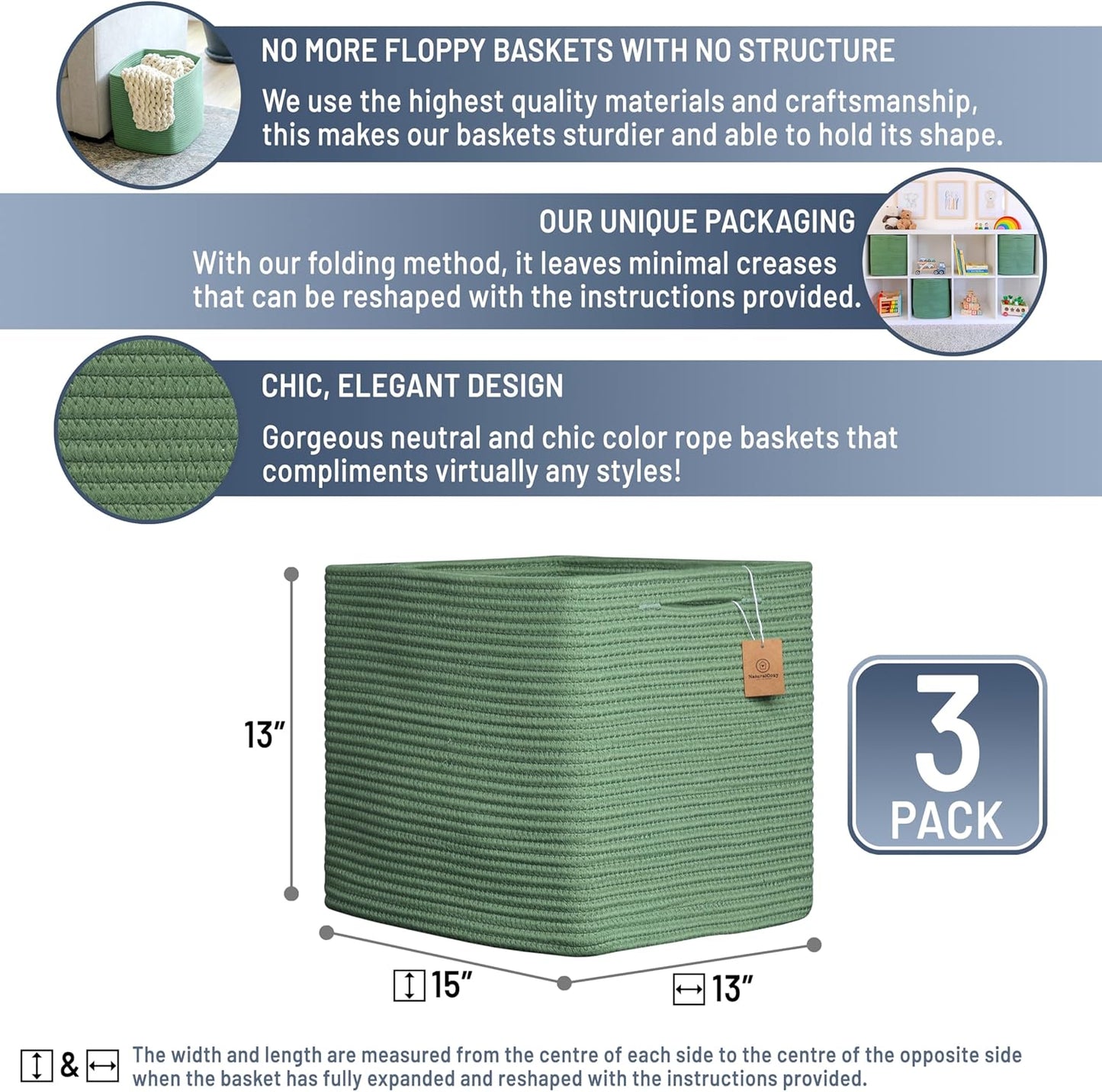 NaturalCozy 13x15x13 Kallax Storage Cubes Bins, 3 Pack | Cotton Rope Cube Storage Bin Woven Baskets for Organizing | Kallax Insert Storage Baskets for Shelves Organizer, Kids Toy, Closet Baby Nursery