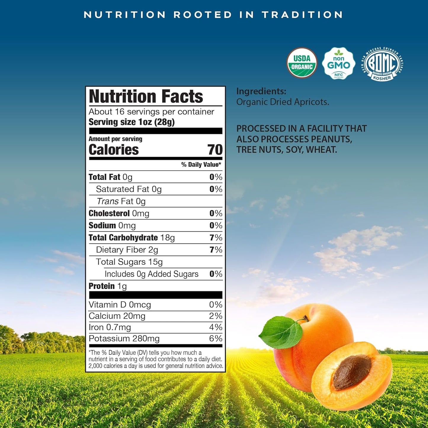 CROP BY POP - Organic Sun Dried Apricots, No Sugar Added, Unsulphured (16oz, 1 LB) Bulk Dry Fruits Packed Fresh in Resealable Bag - USDA Organic, Non GMO, Kosher