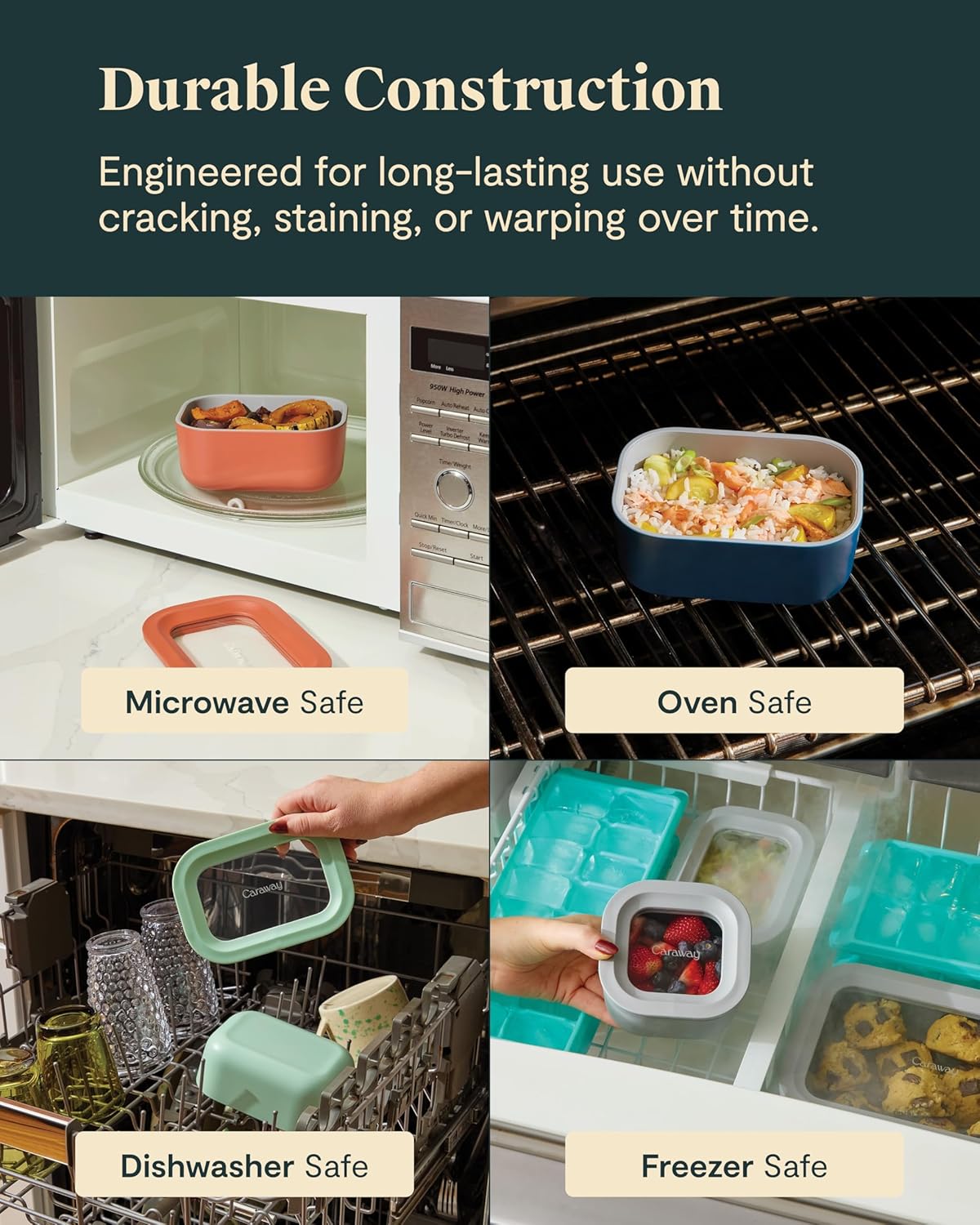 Caraway 6pc Food Storage Container Set - 1.75 Cup Glass Storage Container for Food (6) - Non-Toxic Ceramic-Coated Glass - Air Release Technology - Compact & Stackable Design - Sage