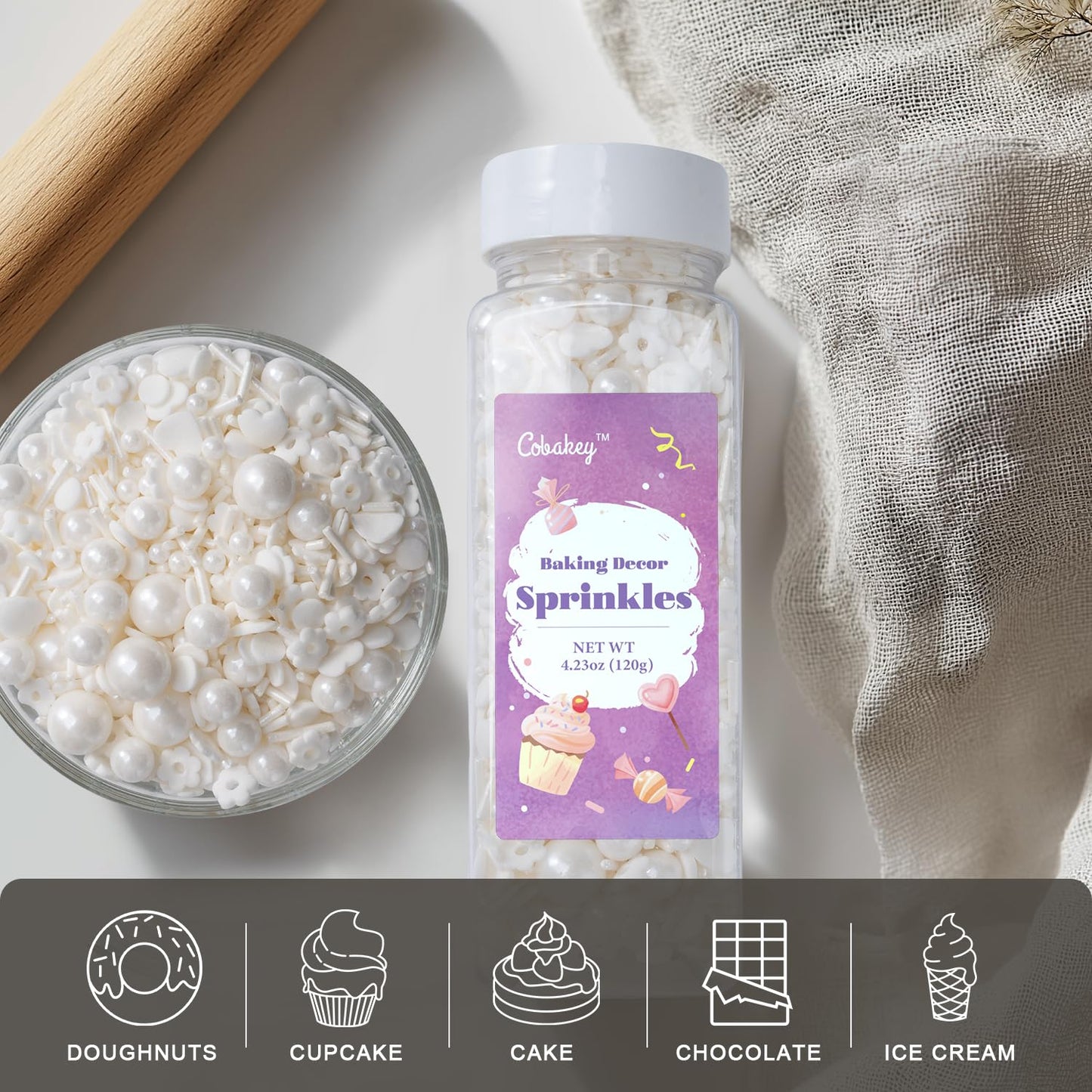 White Lovers Sprinkles for Cake Decorating 4.23ounce - Sugar Mix Contains Heart & Flowers Pearl Sprinkles for Cupcake Toppers, Ice Cream, Candy, Cookie Decorations - Wedding Party Supplies