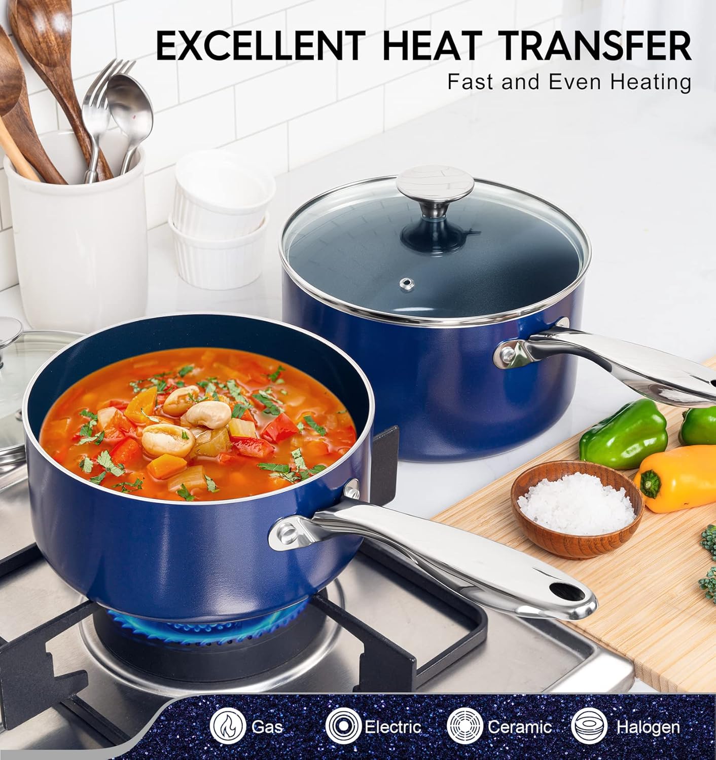 MICHELANGELO 2 Quart Saucepan with Lid, Nonstick Ceramic Sauce Pan with Stainless Steel Handle, 2 Qt Saucepan with Lid Induction Compatible, Oven Safe, Blue