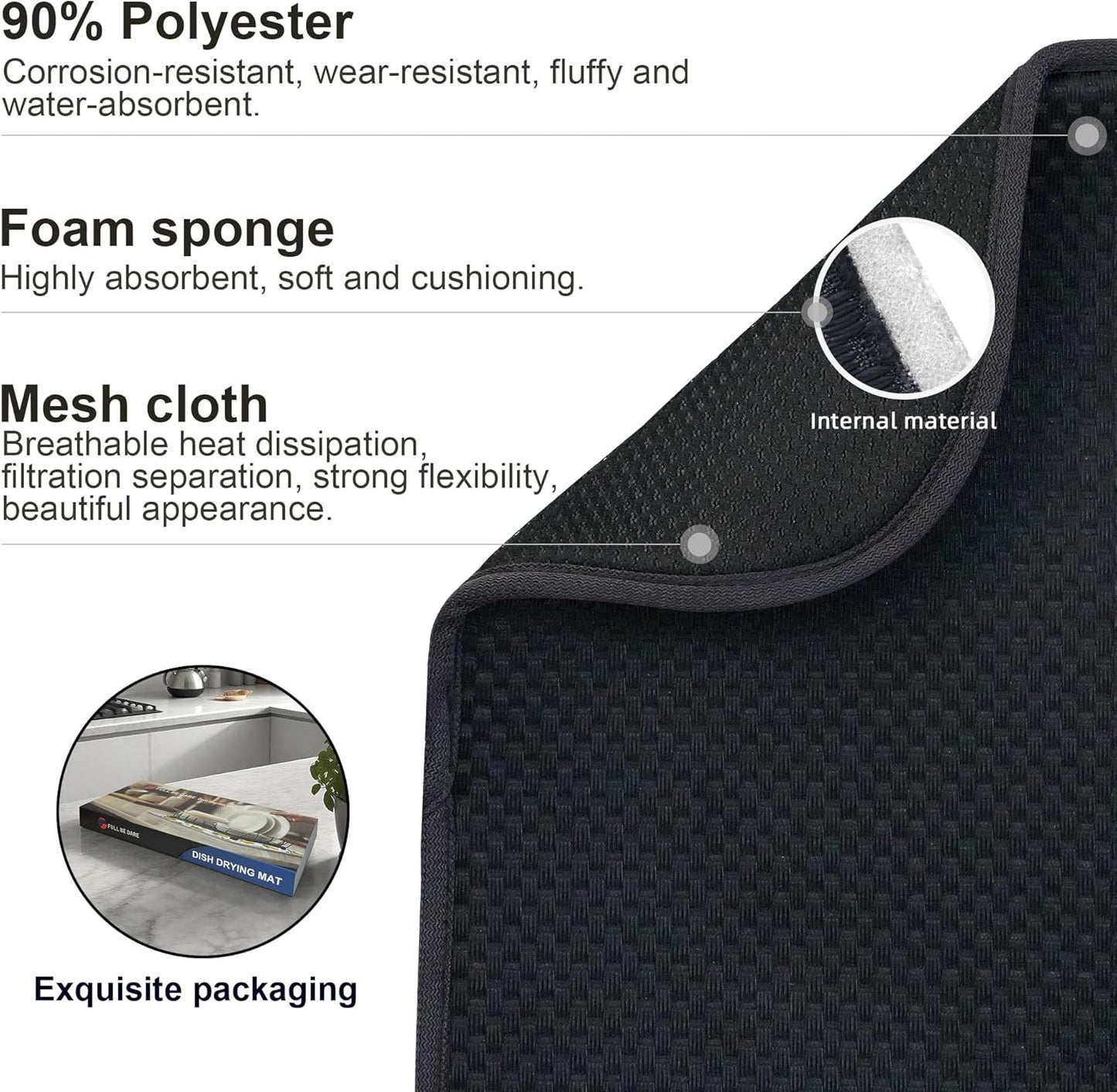 2-Pack Black Dish Drying Mats 20" x 15" – XL Dish Drying Mats for Kitchen Counter, Kitchen Dish Drying Mat, Microfiber Dish Drying Mat, Foldable Drying Mat for Dishes, Pots, Pans (Black)