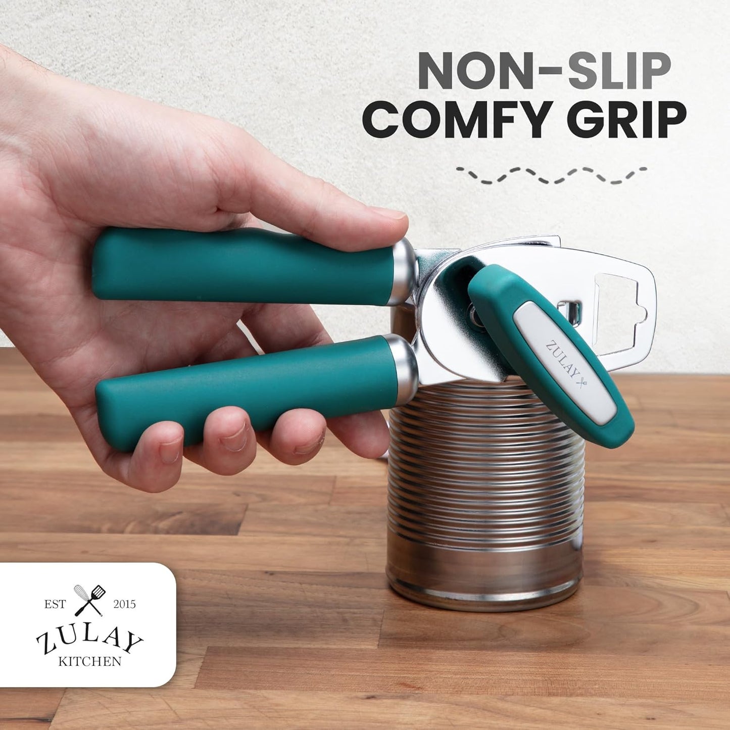 Zulay Kitchen Heavy Duty Stainless Steel Can Opener Manual with Bottle Opener - Rust Proof Manual Can Opener With Turn Knob & Comfy Soft Grip Handles - Emerald