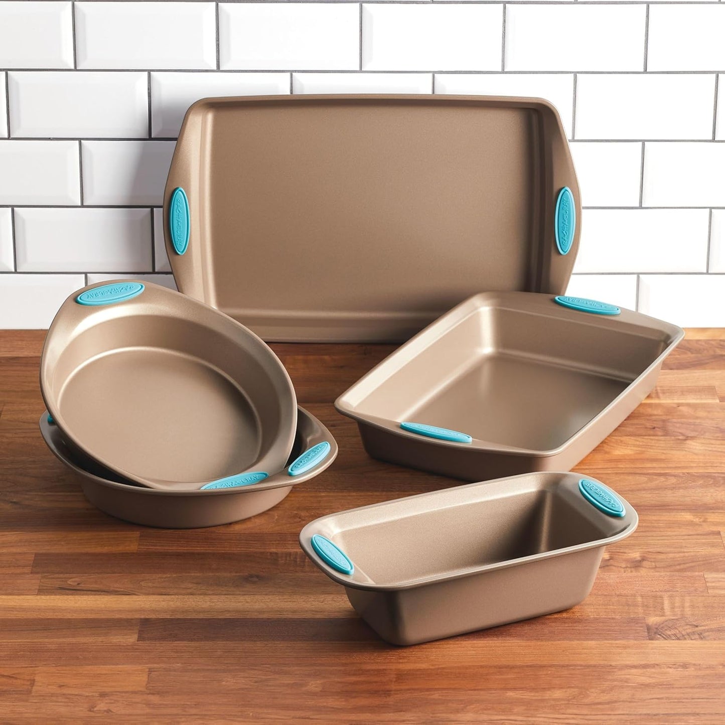 Rachael Ray Cucina Bakeware Set Includes Nonstick Bread Baking Cookie Sheet and Cake Pans, 5 Piece, Latte Brown with Agave Blue Grips