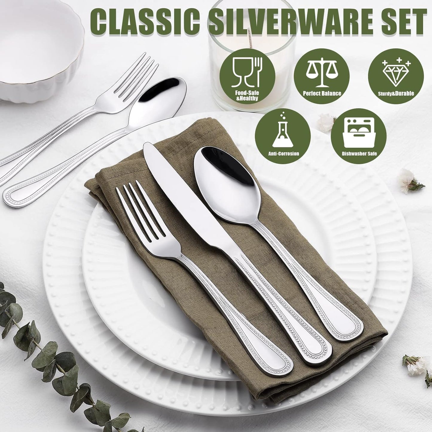 40 Piece Silverware Set for 8, Terlulu Stainless Steel Flatware Set, Mirror Polished Cutlery Set Utensil Set, Tableware Include Forks Spoons Knives for Home Restaurant, Beaded Handle, Dishwasher Safe