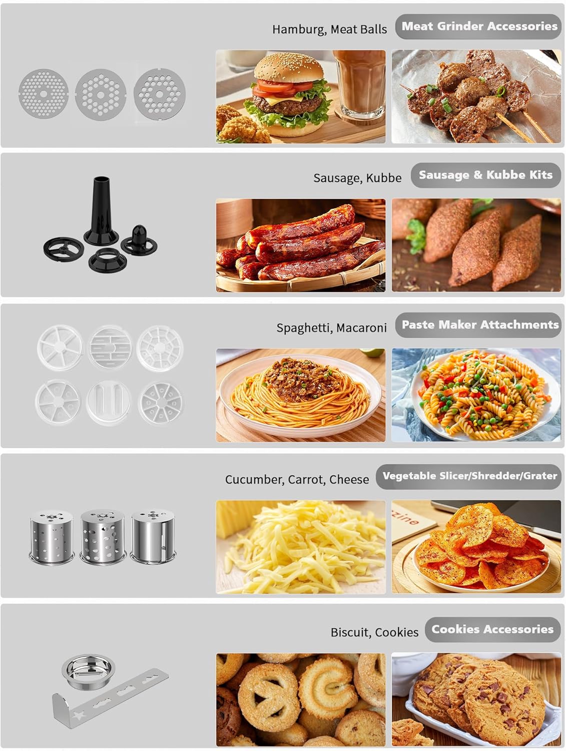 Vospeed 9 IN 1 Stand Mixer, 850W Tilt-Head Multifunctional Electric Mixer with 8 QT Stainless Steel Bowl, 1.5L Glass Jar, Meat Grinder, Hook, Whisk, Beater Dishwasher Safe (Silver)