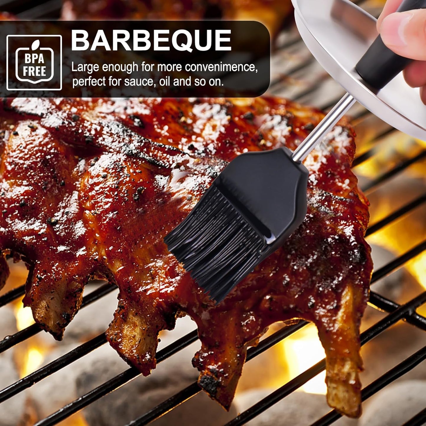 HOTEC Stainless Steel 304 Basting Pot with Brush, Silicone Grill Barbeque Basting Brushes for Sauce Oil, 36oz