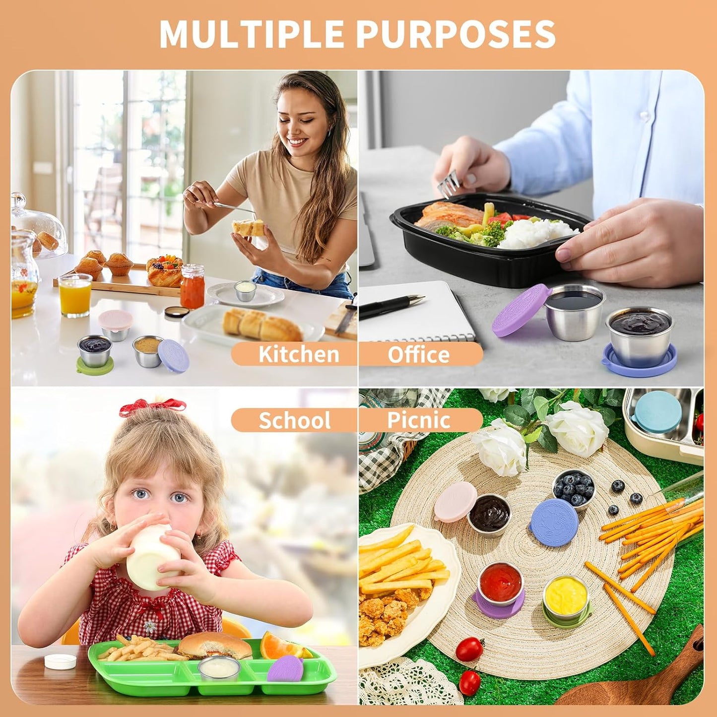 8 Pack - 2.4 Oz Small Salad Dressing Containers To Go, Leakproof Condiment Containers with Lids Reusable Stainless Steel Sauce Cups for Lunch Boxes Kitchen Storage Picnics Travel Meal Prep