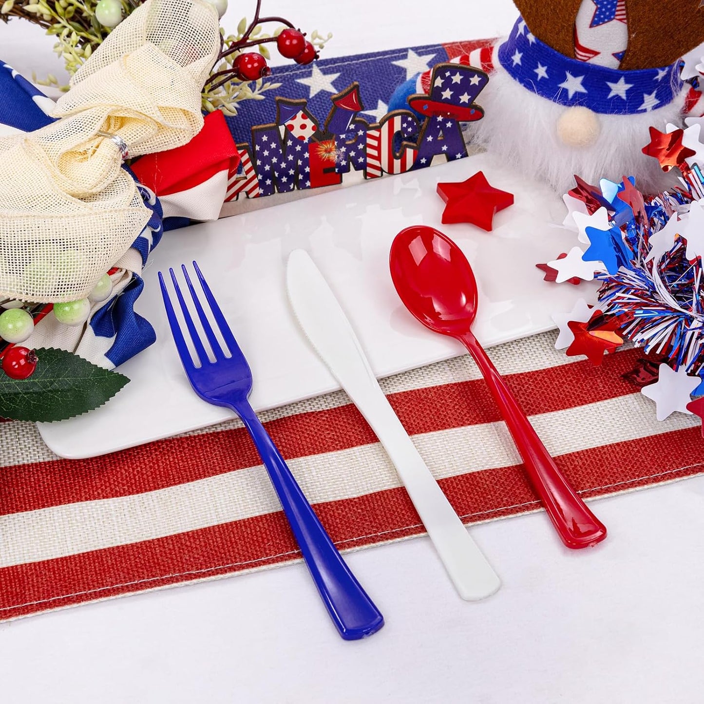 Liacere 200Pcs 4th of July Red Blue Disposable Plastic Silverware-Red Blue Plastic Cutlery - American Flag Patriotic Party Supplies include 100Forks 50Spoons 50Knives for Independence Day&Memorial Day