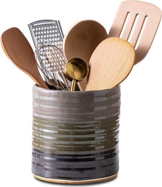 Utensil Holder 5.3" for Countertop, Ceramic Utensil Crocks for Kitchen Counter, Farmhouse Kitchen Décor Utensil Holder, Protection Cork Bottom