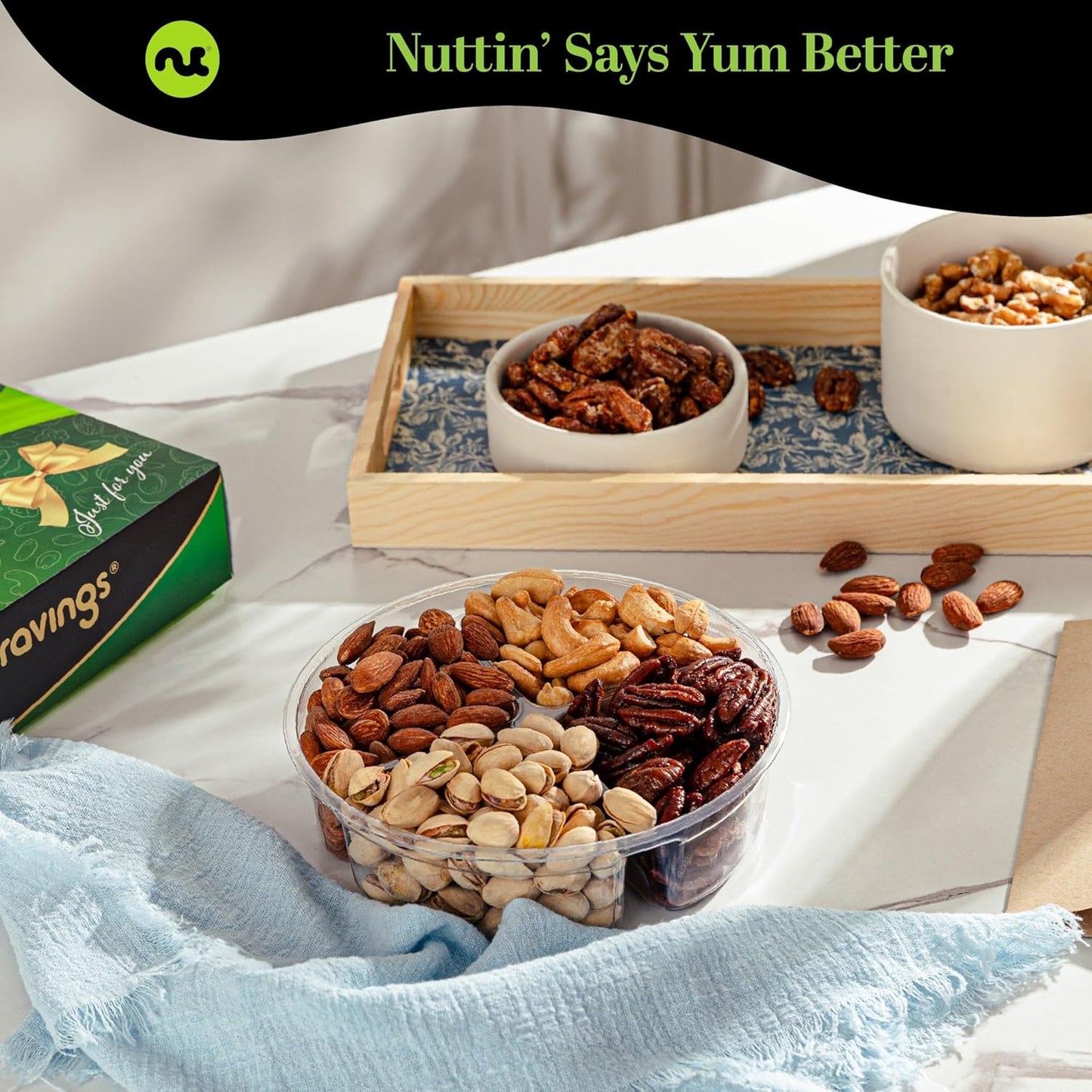 NUT CRAVINGS - Mixed Nuts Gift Basket in Green Gold Box (4 Assortments) Food Arrangement, Healthy Snack Care Package, Food Assortments