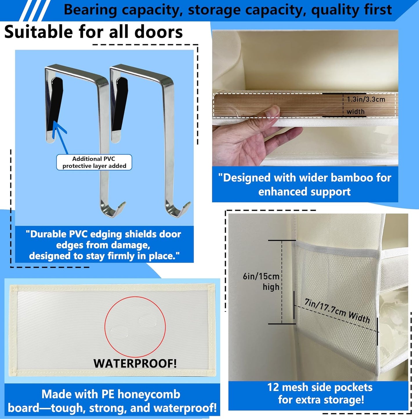 over the door organizer, Solid Bamboo Board (Not Plastic!) 6-Tier Heavy Duty 75LB, 12 Side Pockets, 3 Reinforced Hooks & Anti-Slip Pads, Waterproof & Washable, No Sagging, No Door Damage,Ivory