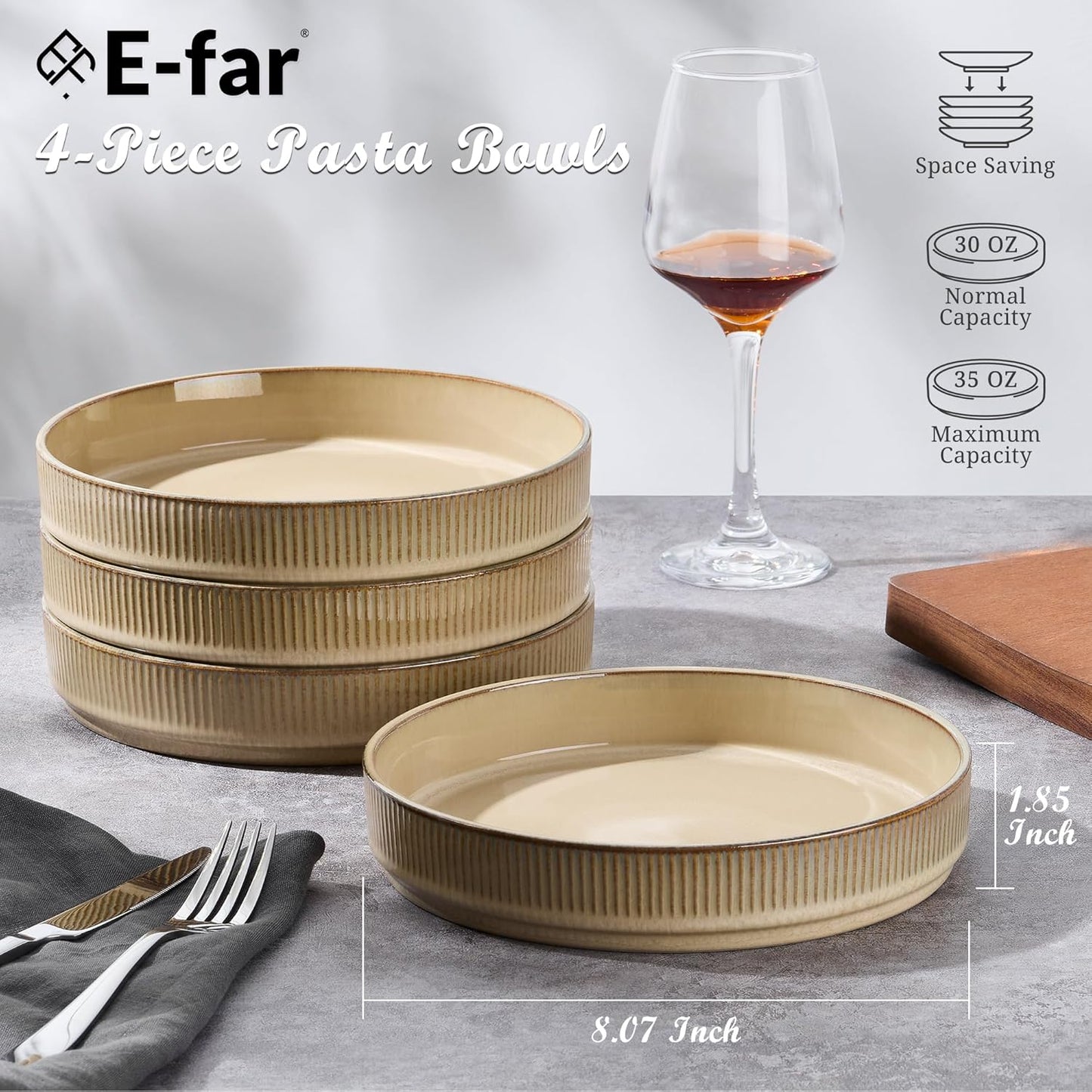 E-far Pasta Bowls Set of 4, 35oz Large Salad Bowl Plate for Dinner Serving, Wide & Shallow Ceramic Stoneware Pasta Plate, Microwave & Dishwasher Safe, Reactive Glaze Textured Stripe, Caramel Khaki