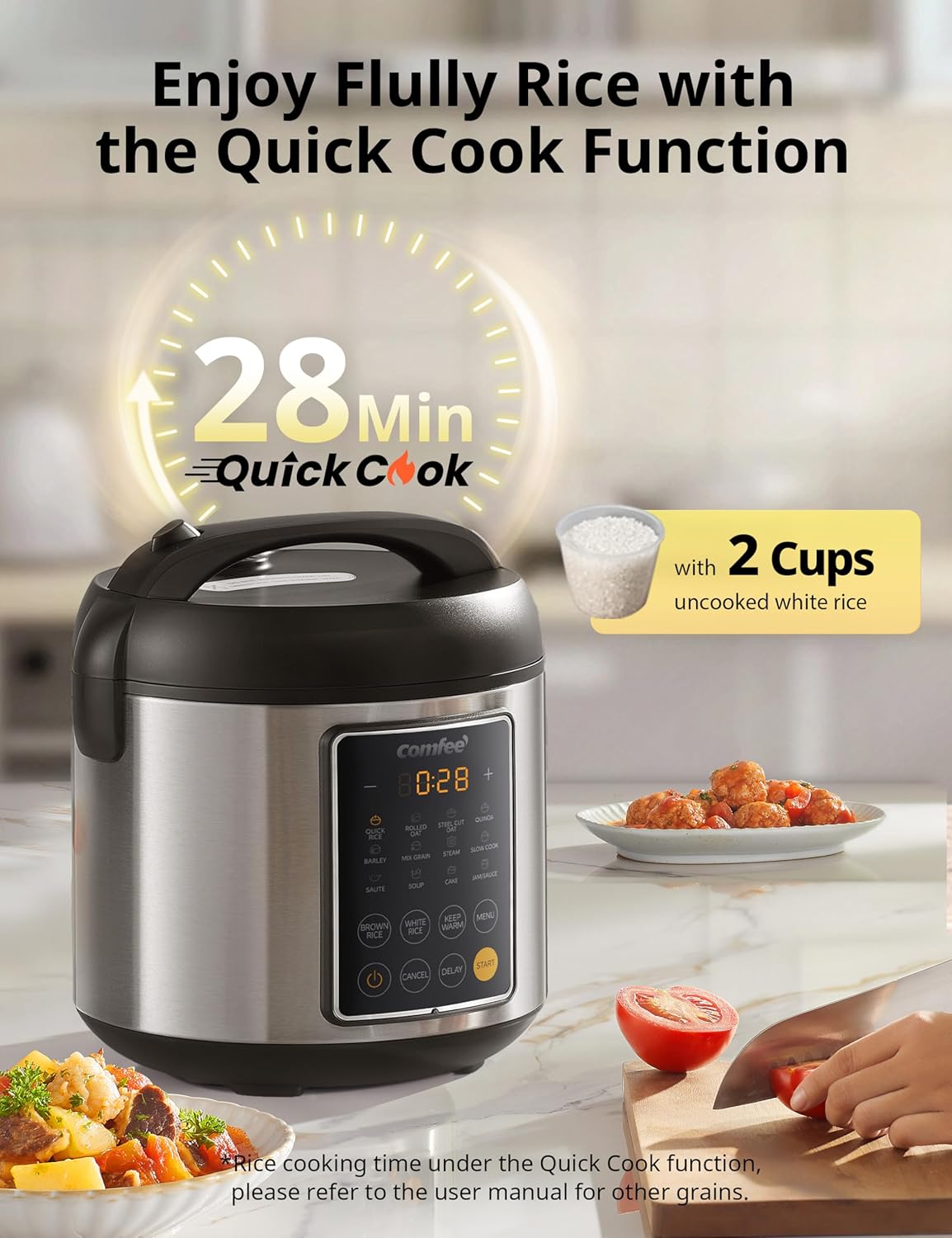 COMFEE' Rice Cooker, 14-in-1 Stainless Steel Multi Cooker, Slow Cooker, Steamer, Sauté, and Warmer, 5.3 QT, 20 Cups Cooked (10 Cups Uncooked), Brown Rice, Quinoa and Oatmeal